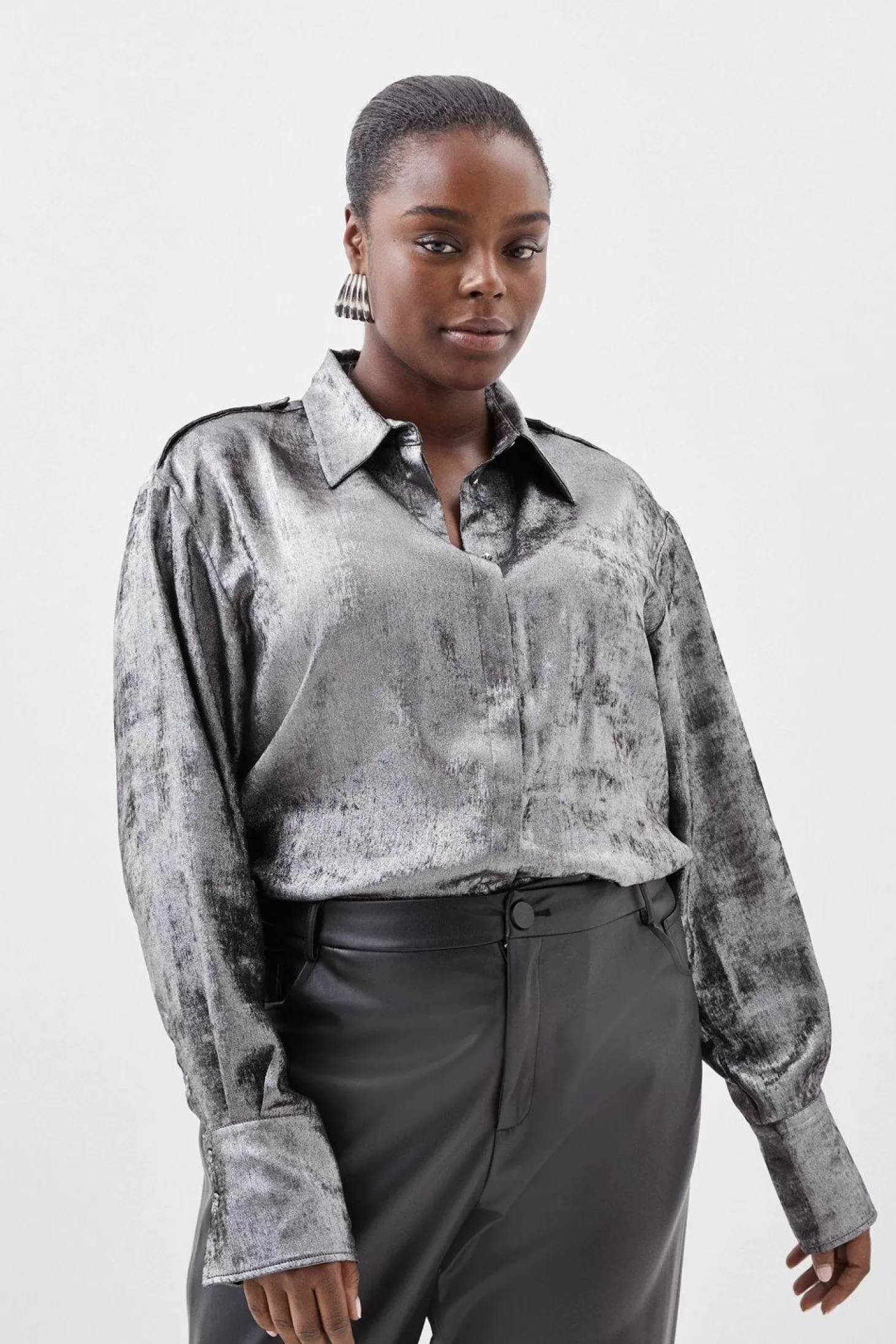 Karen Millen Plus Size Metallic Long Sleeve Collared Woven Shirt