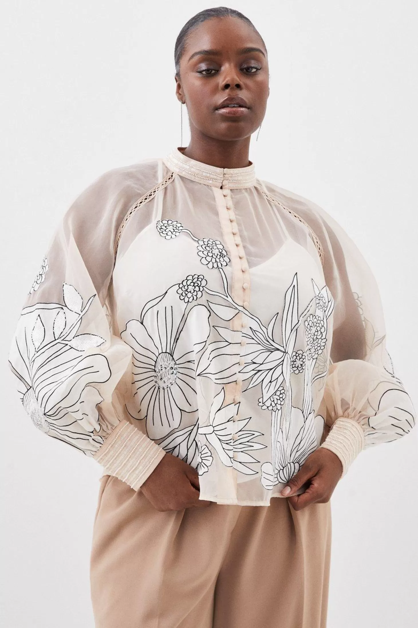 Karen Millen Plus Size Organdie Applique Buttoned Satin Woven Blouse