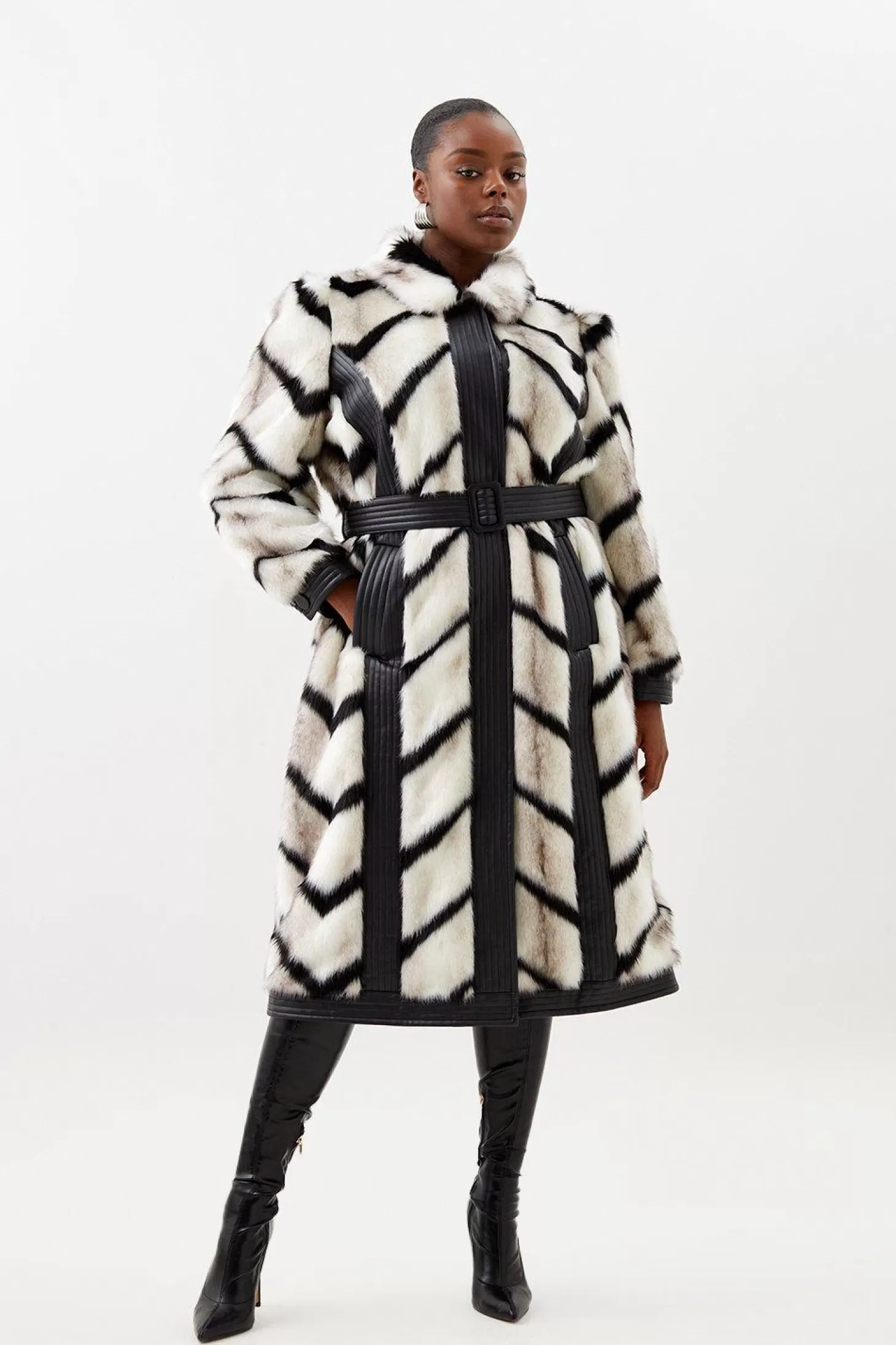 Karen Millen Plus Size Panelled Stripe Faux Fur Pu Belted Long Coat