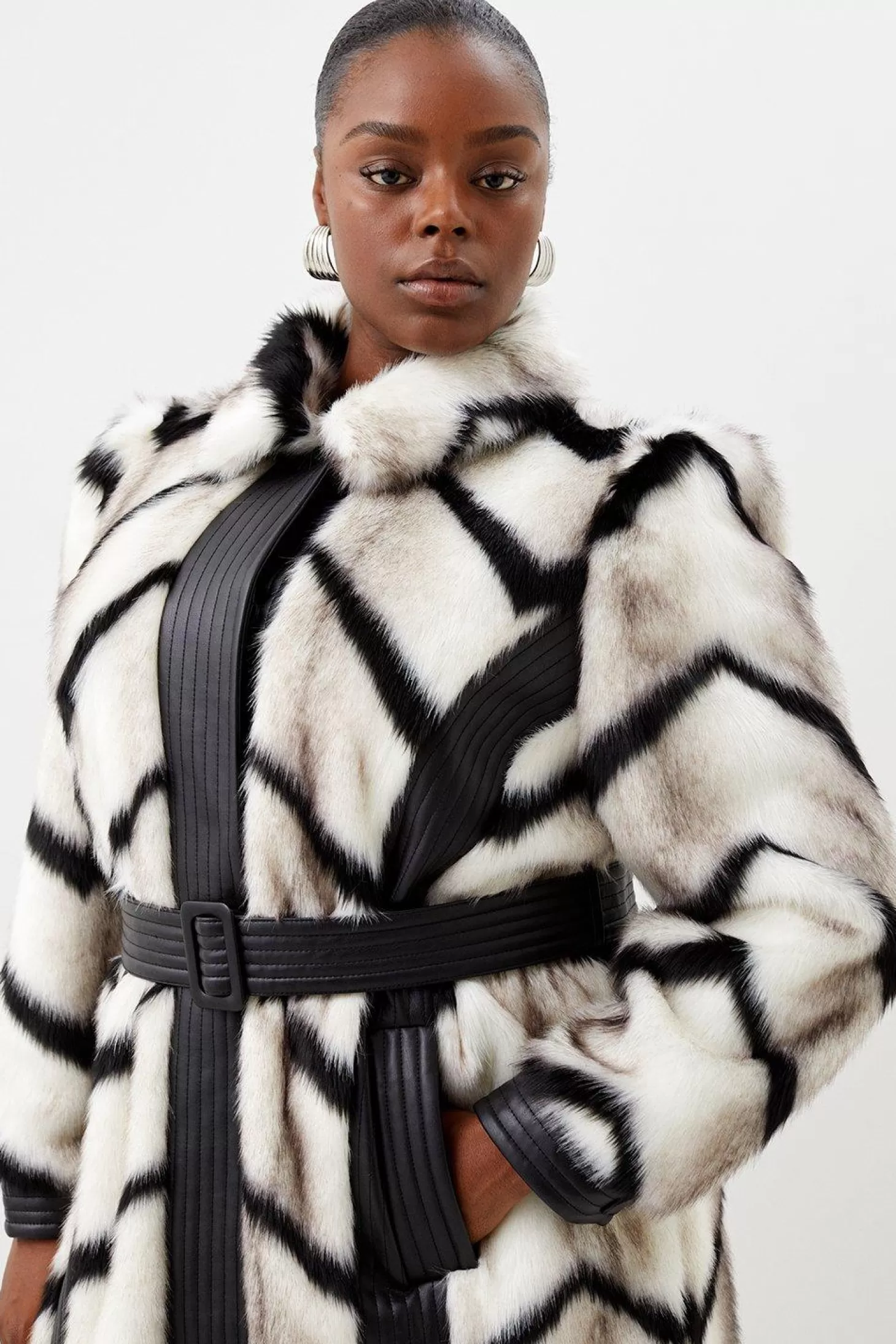 Karen Millen Plus Size Panelled Stripe Faux Fur Pu Belted Long Coat
