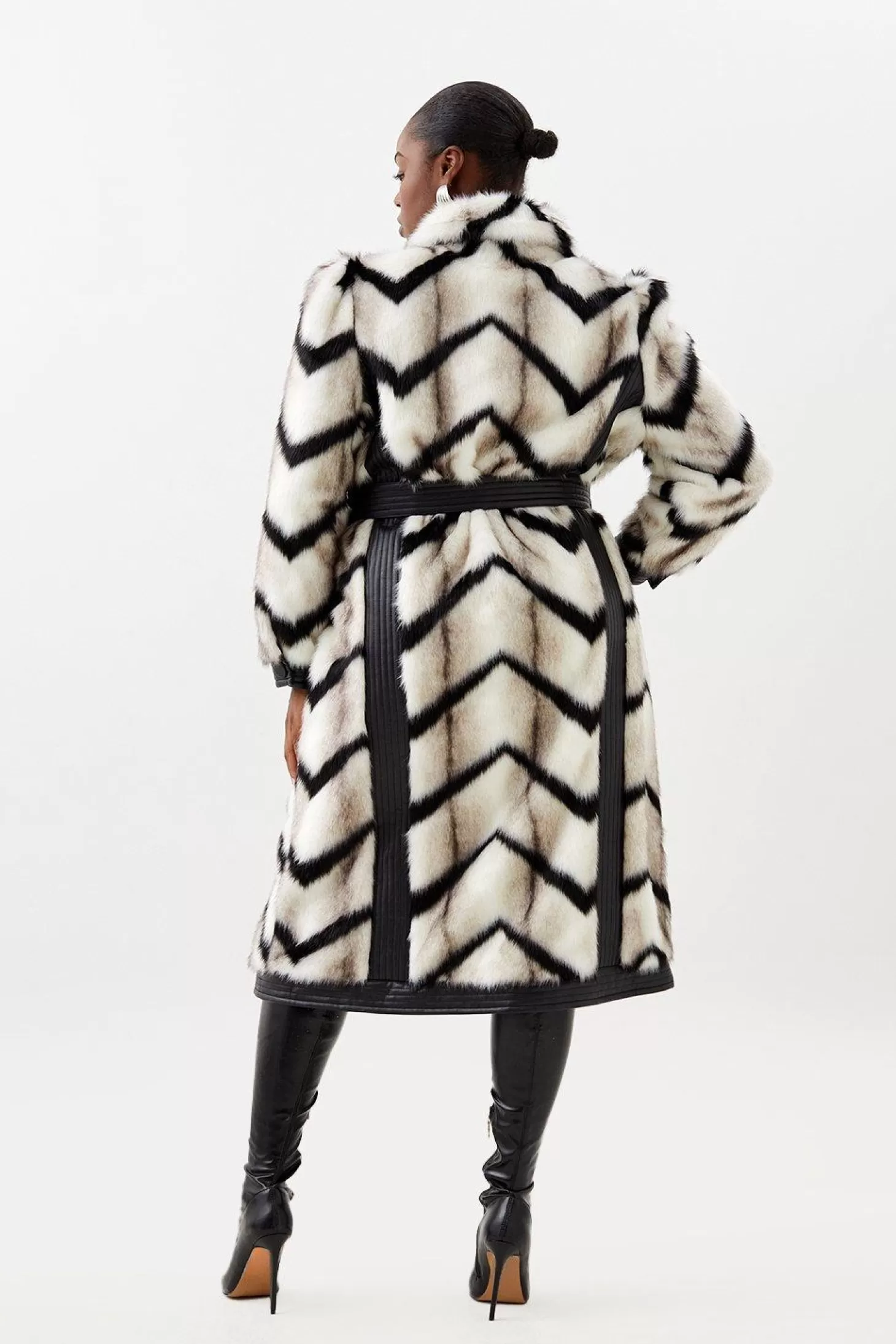 Karen Millen Plus Size Panelled Stripe Faux Fur Pu Belted Long Coat