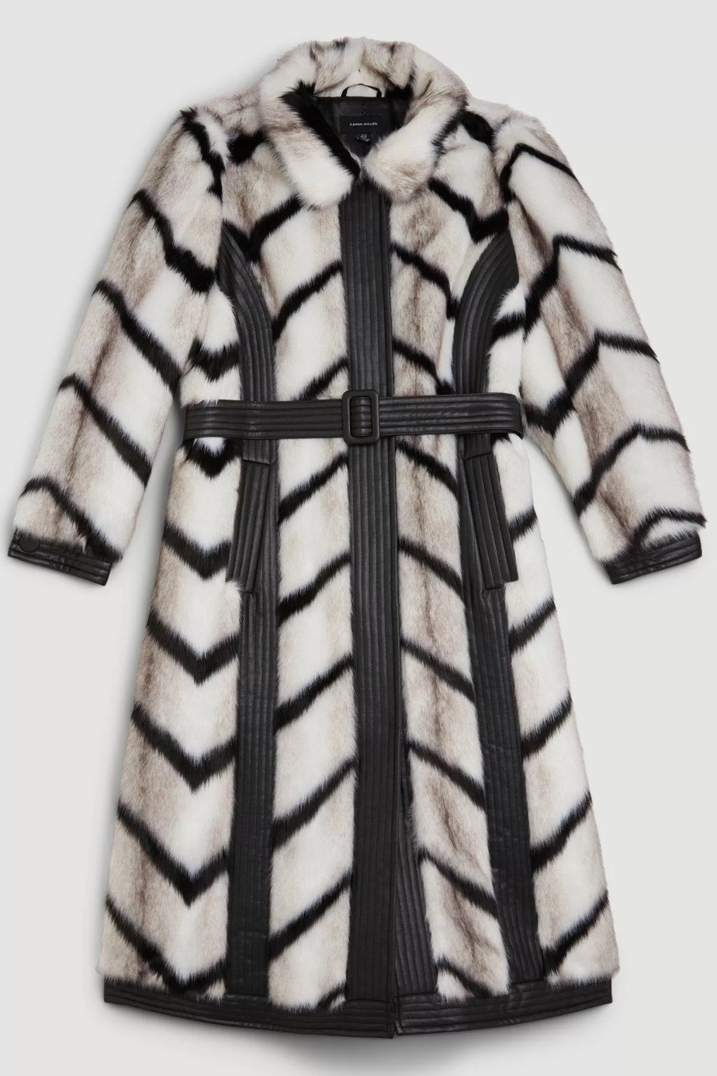 Karen Millen Plus Size Panelled Stripe Faux Fur Pu Belted Long Coat