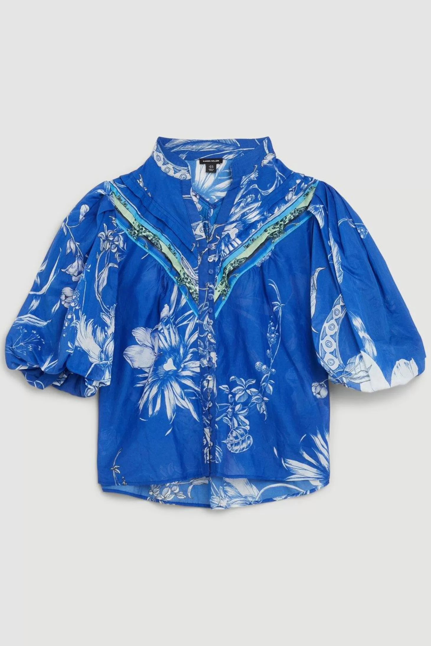 Karen Millen Plus Size Placed Silk Cotton Woven Blouse