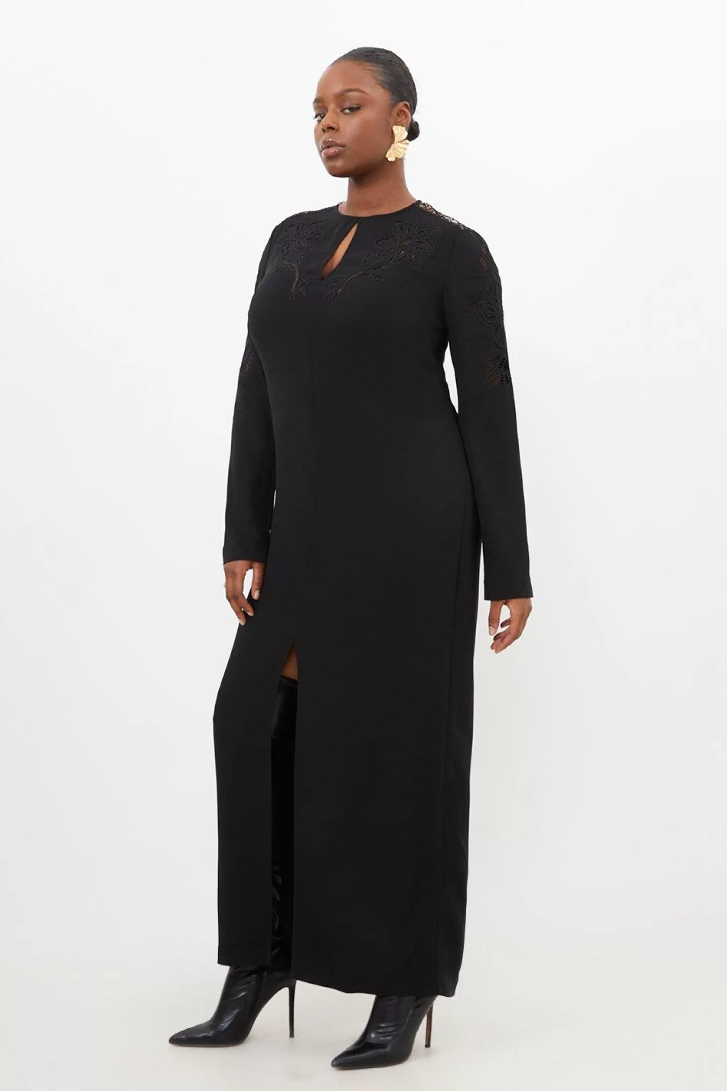 Karen Millen Plus Size Premium Cady Cutwork Woven Long Sleeve Maxi Dress