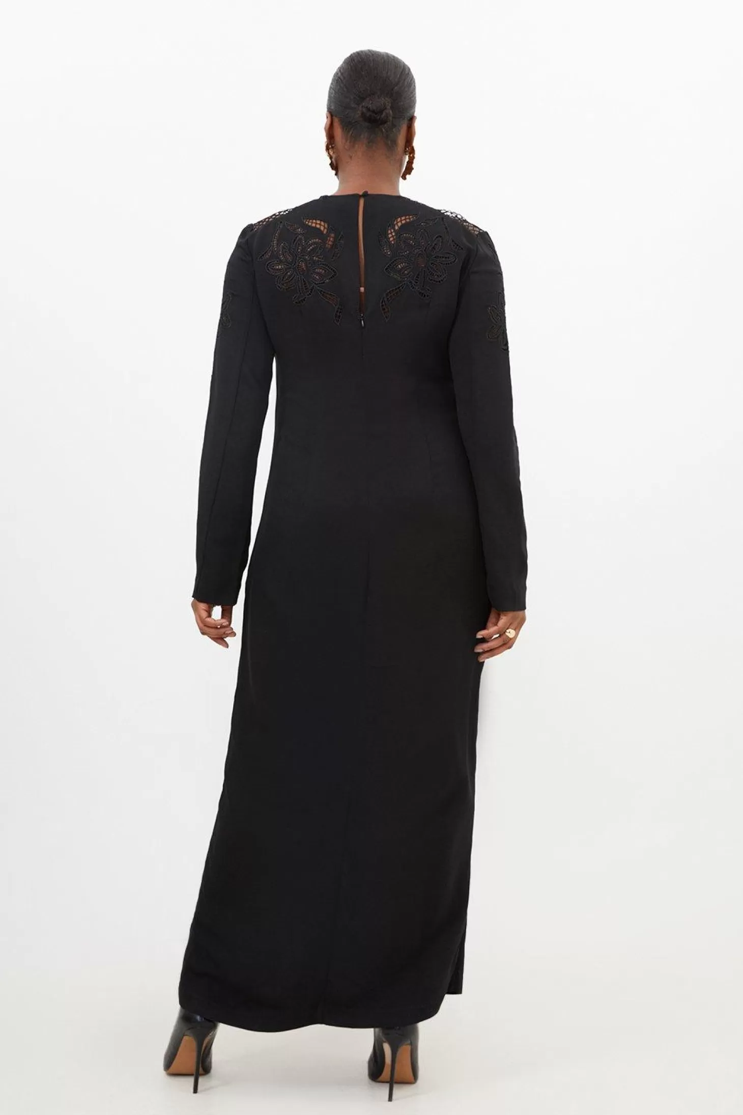Karen Millen Plus Size Premium Cady Cutwork Woven Long Sleeve Maxi Dress