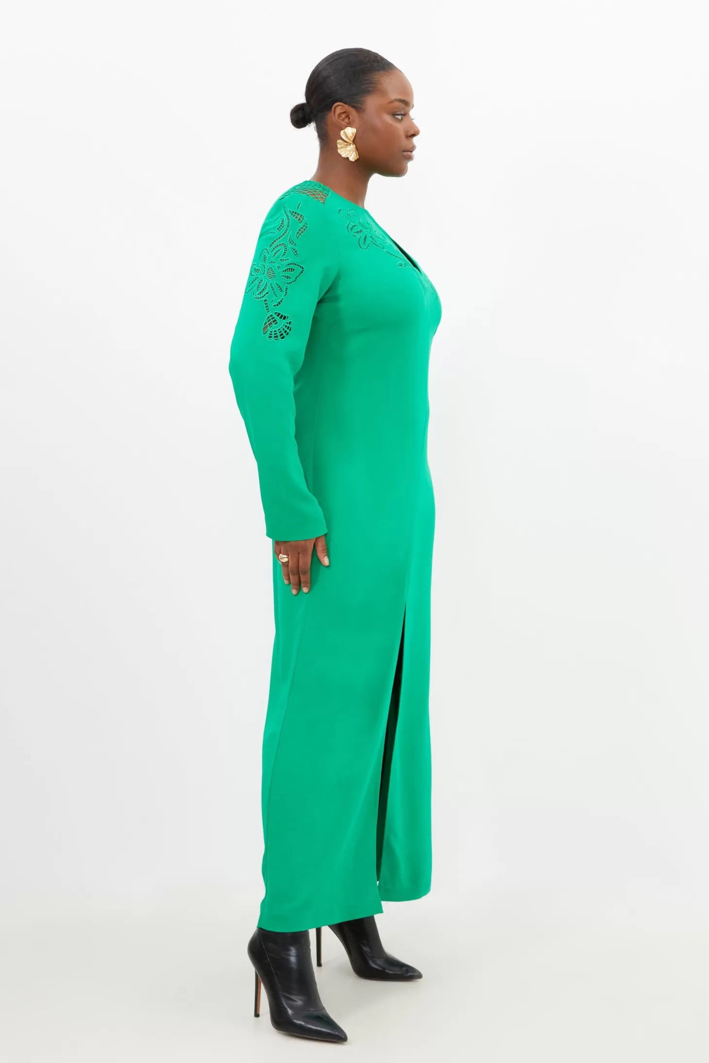 Karen Millen Plus Size Premium Cady Cutwork Woven Long Sleeve Maxi Dress