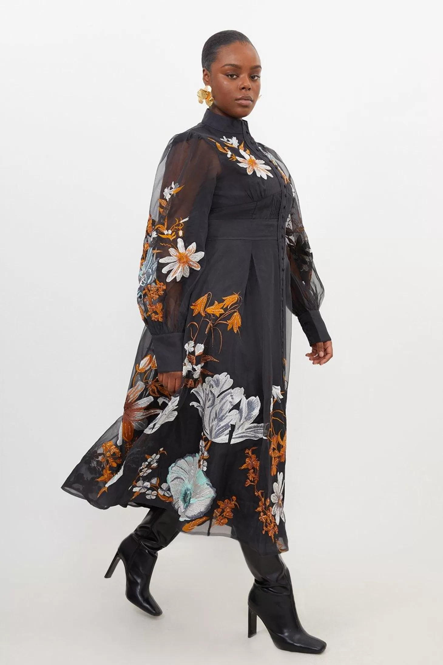 Karen Millen Plus Size Premium Embroidered Beaded Organdie Woven Maxi Dress