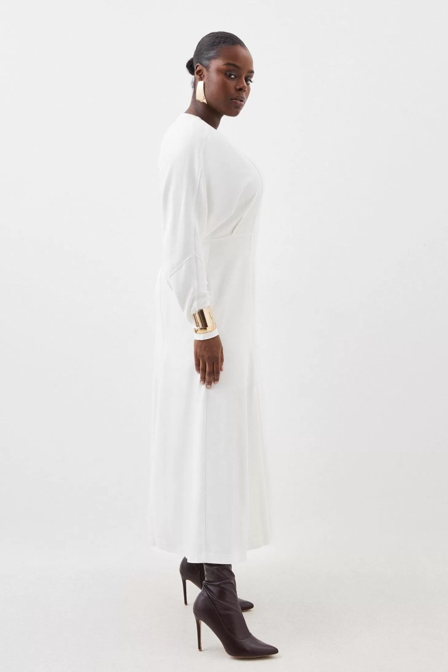 Karen Millen Plus Size Premium Viscose Crepe V Neck Long Sleeve Woven Midi Dress