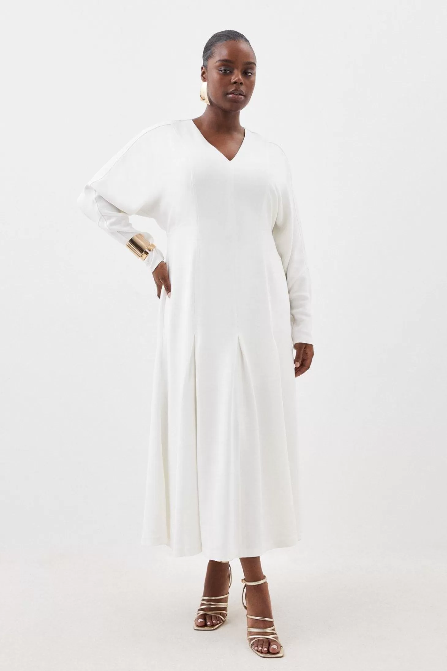 Karen Millen Plus Size Premium Viscose Crepe V Neck Long Sleeve Woven Midi Dress
