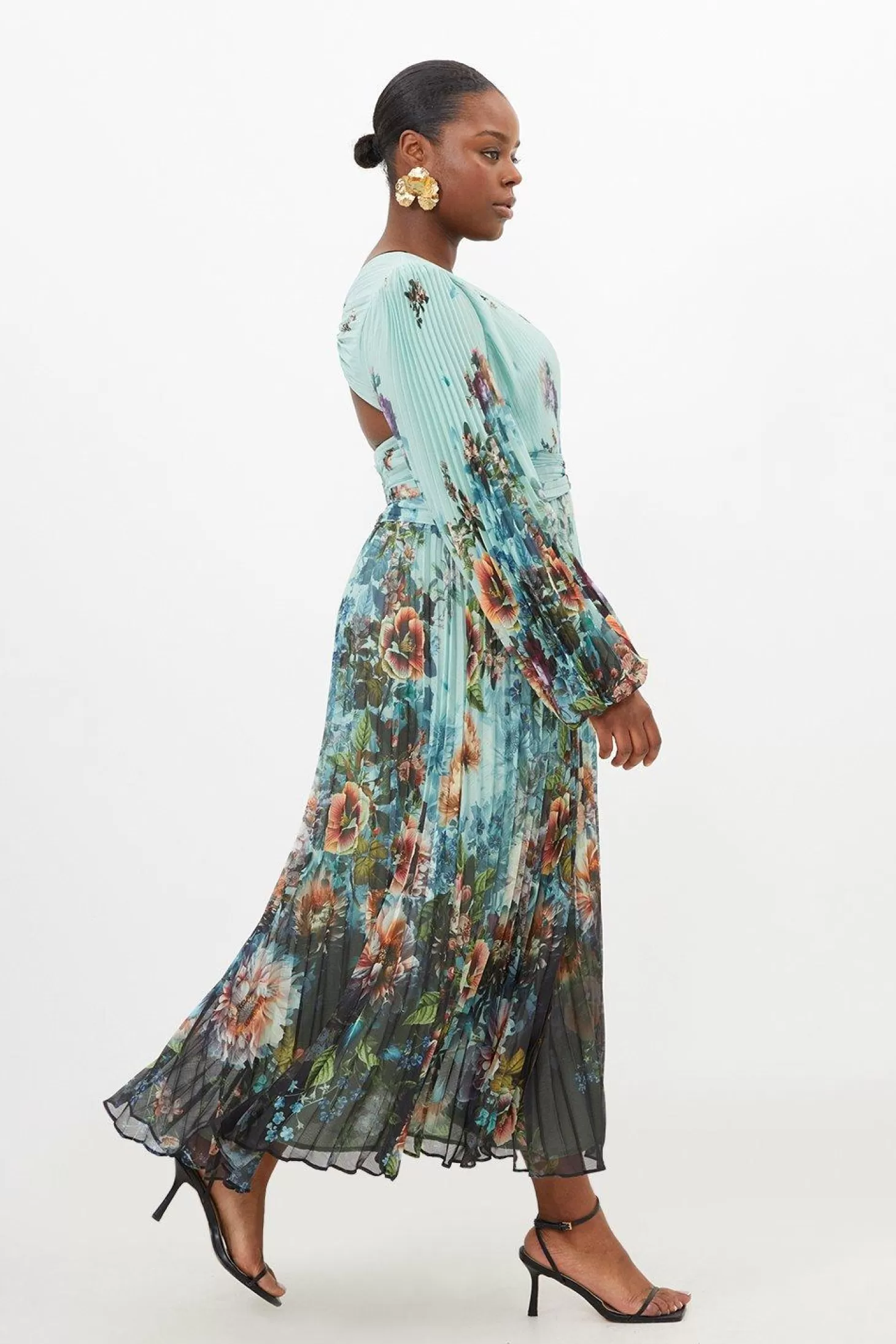 Karen Millen Plus Size Printed Pleated Yoryu Crinkle Cut Out Woven Maxi Dress