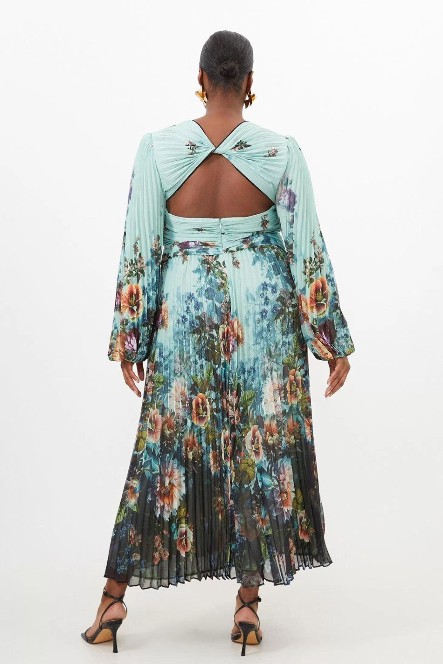 Karen Millen Plus Size Printed Pleated Yoryu Crinkle Cut Out Woven Maxi Dress