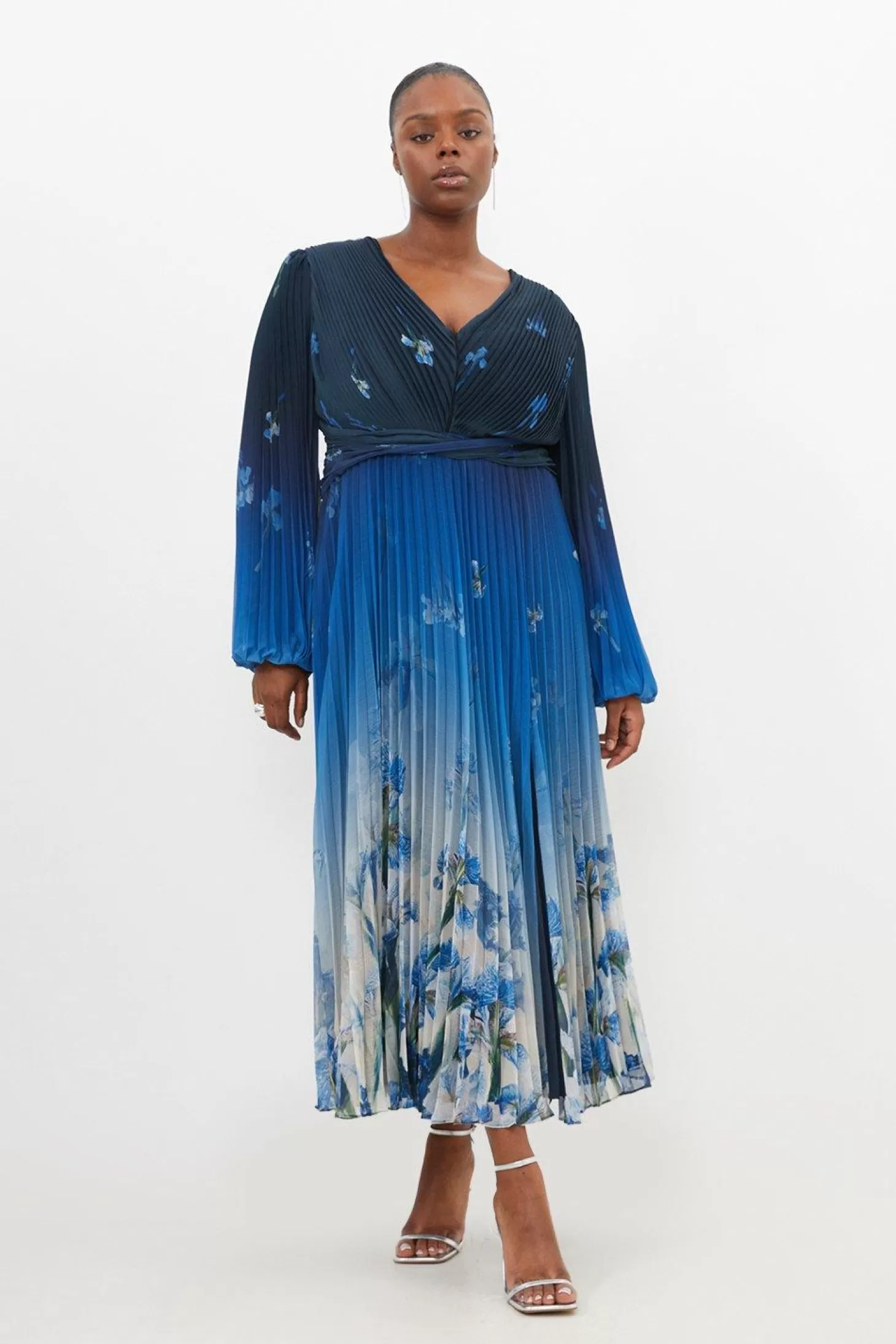 Karen Millen Plus Size Scattered Print Pleated Split Maxi Dress