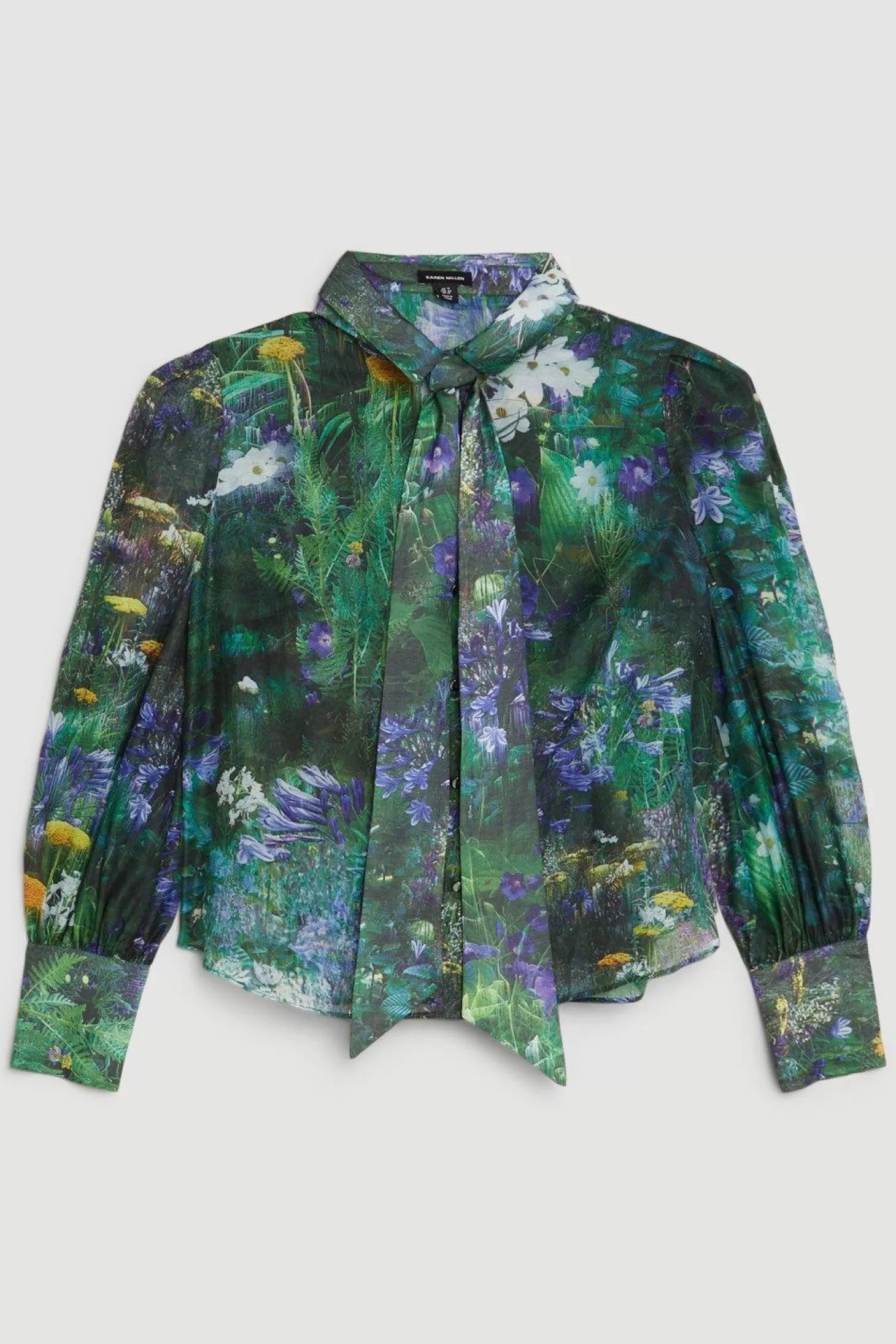 Karen Millen Plus Size Scenic Printed Organdie Pussybow Tie Blouse