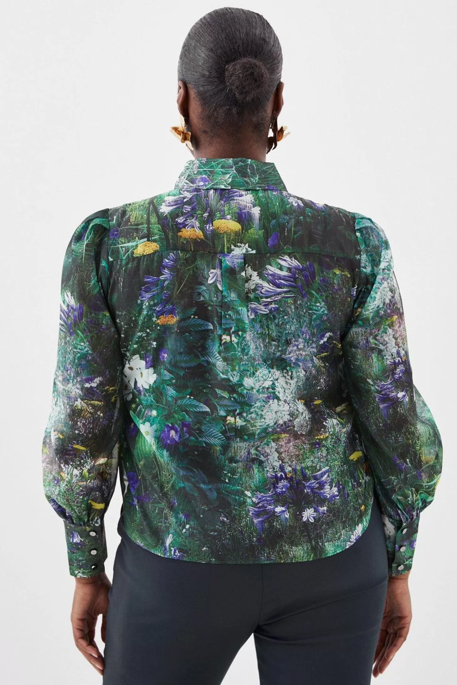 Karen Millen Plus Size Scenic Printed Organdie Pussybow Tie Blouse