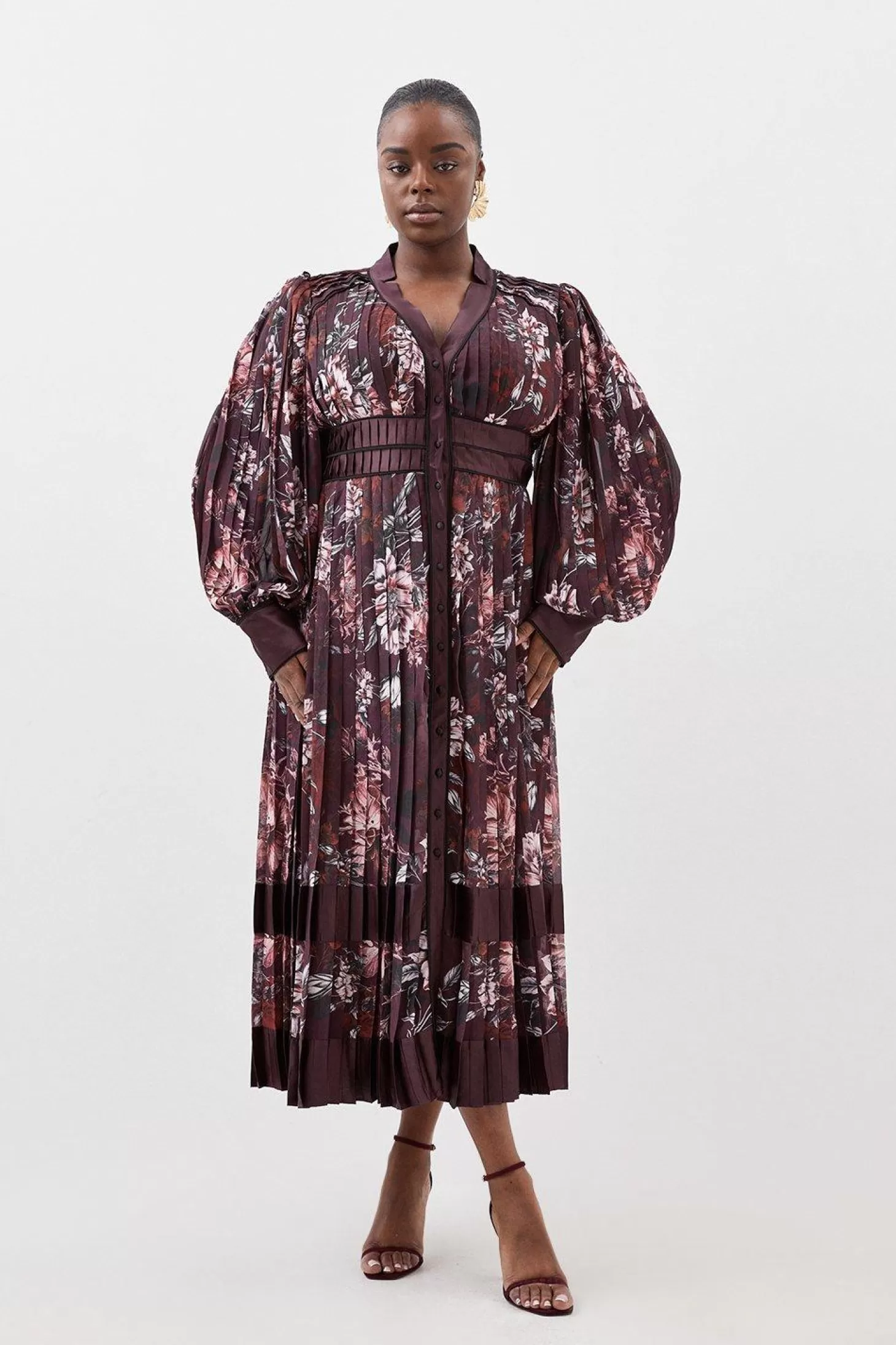 Karen Millen Plus Size Sketched Botanical Plunge Woven Maxi Dress