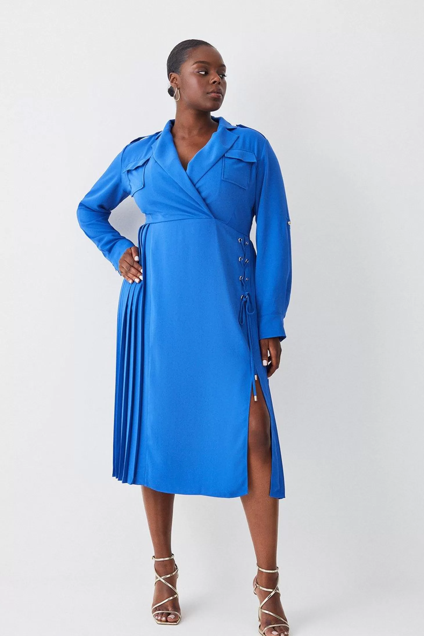 Karen Millen Plus Size Soft Tailored Lace Up Pleated Shirt Dress