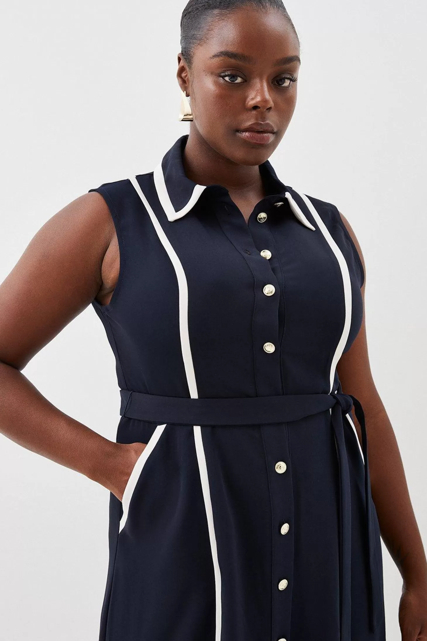 Karen Millen Plus Size Soft Tailored Pipe Detail Sleeveless Shirt Dress