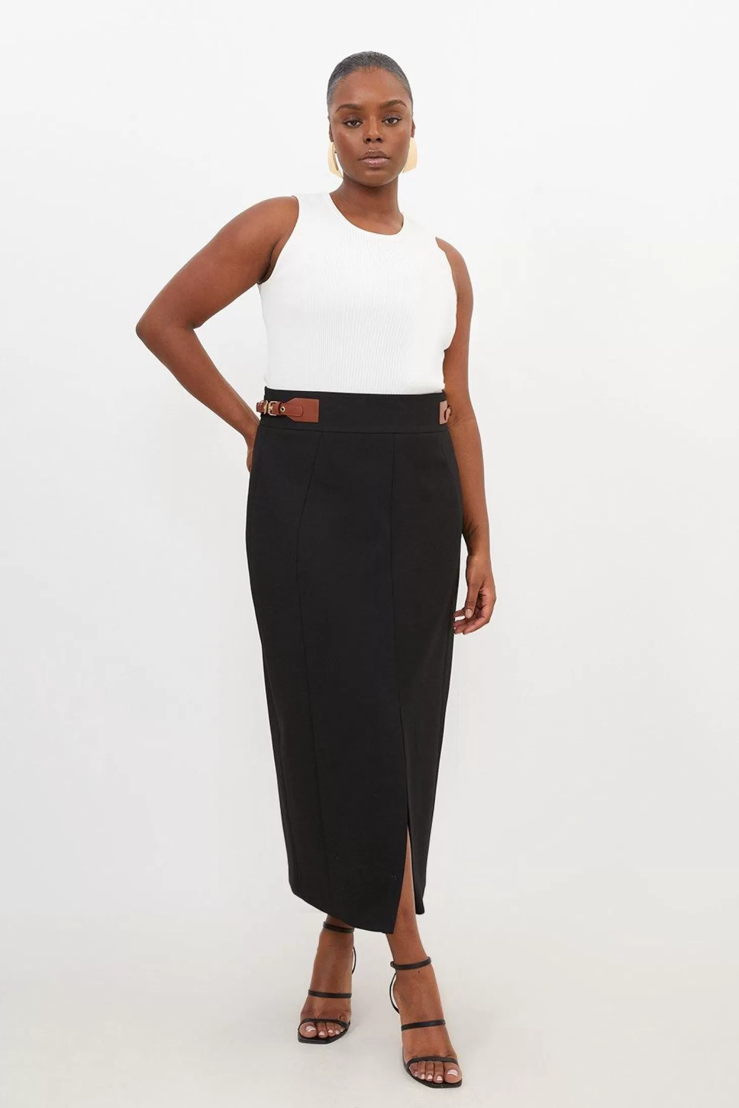 Karen Millen Plus Size Tailored Compact Stretch Tab Detail Midi Skirt