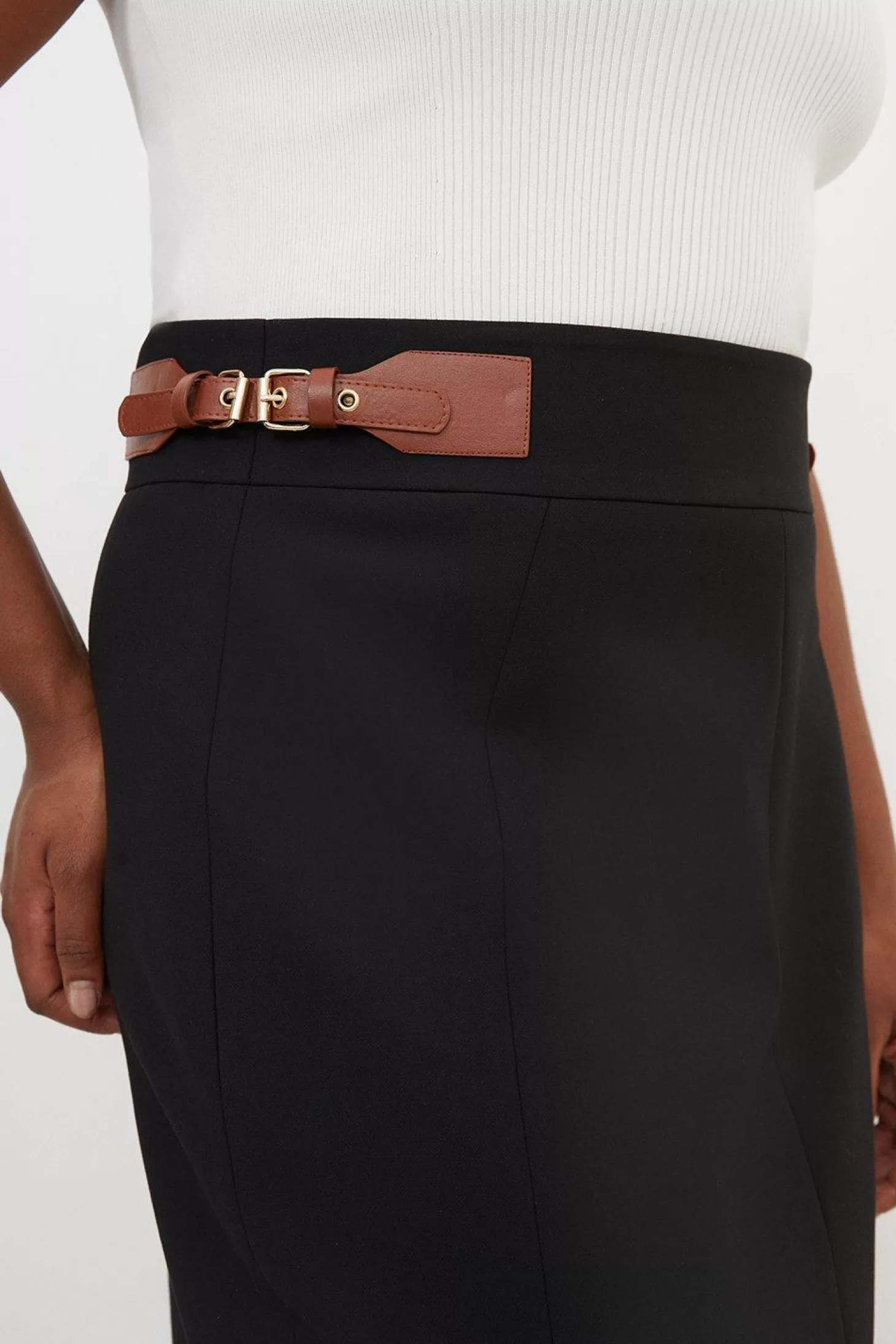 Karen Millen Plus Size Tailored Compact Stretch Tab Detail Midi Skirt