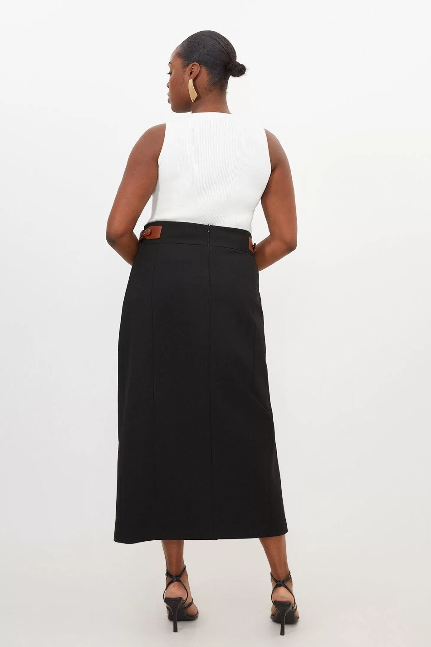 Karen Millen Plus Size Tailored Compact Stretch Tab Detail Midi Skirt