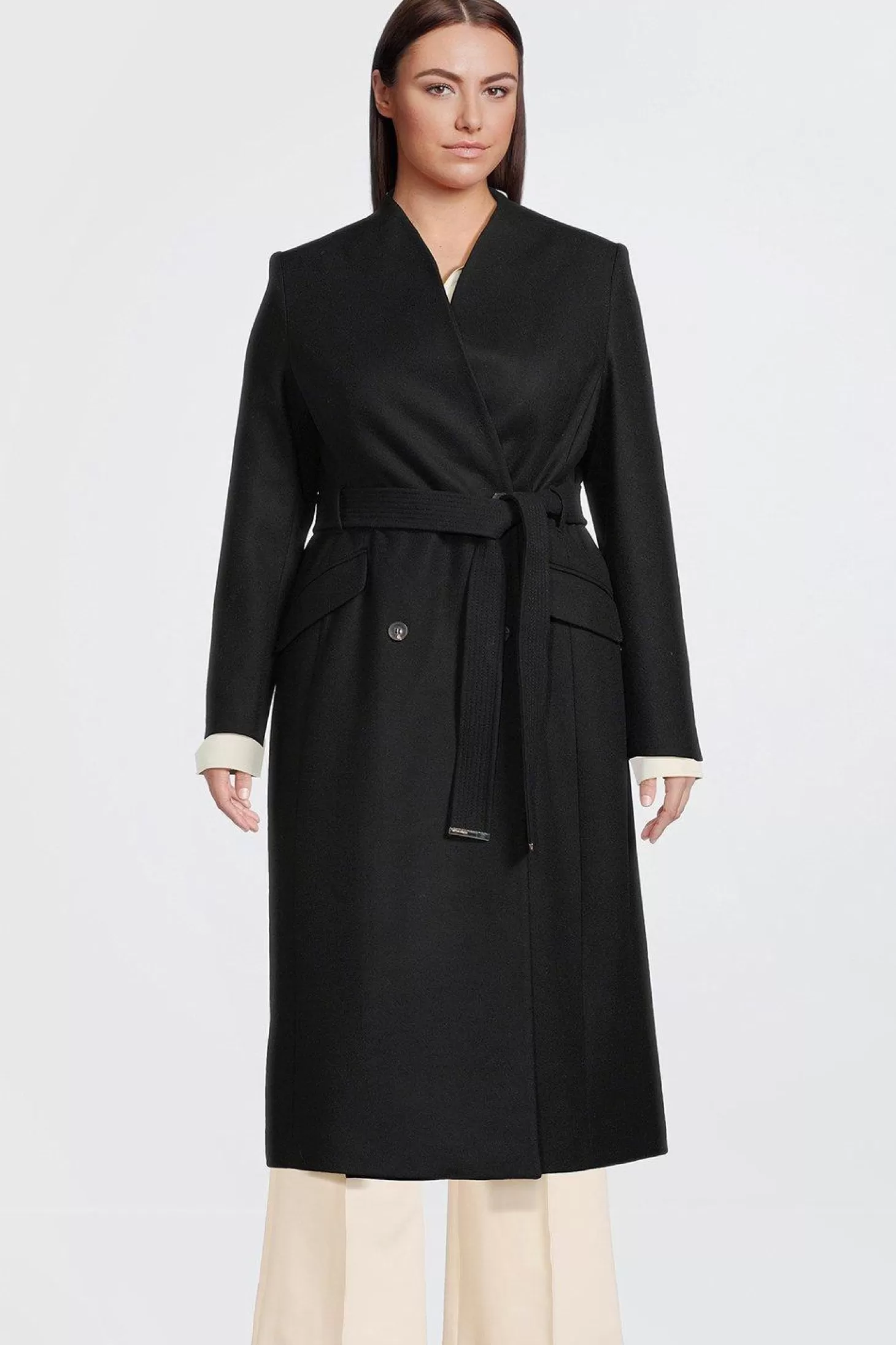 Karen Millen Plus Size Tailored Italian Manteco Wool Blend High Neck Belted Maxi Coat
