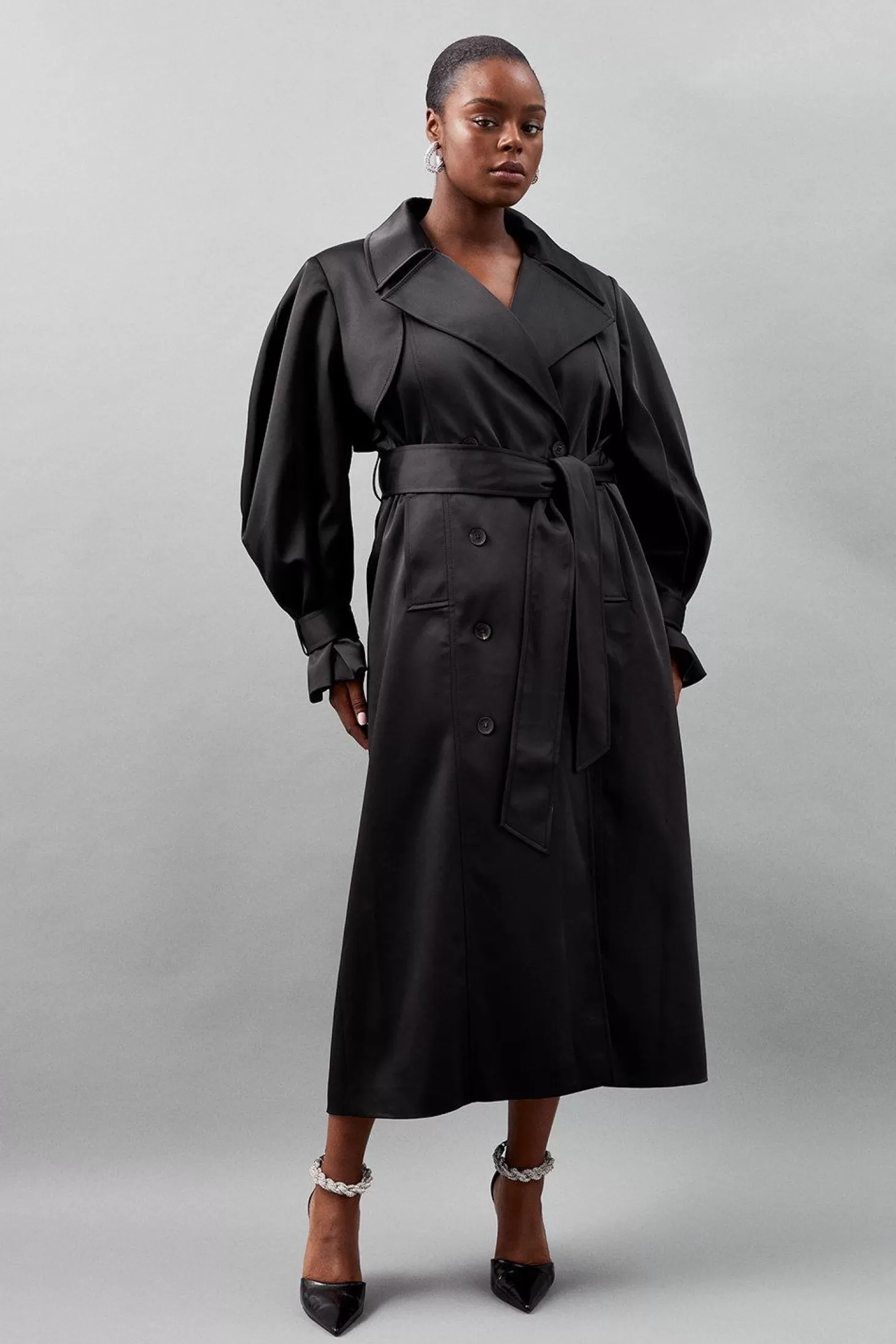 Karen Millen Plus Size Tailored Satin Maxi Belted Trench Coat