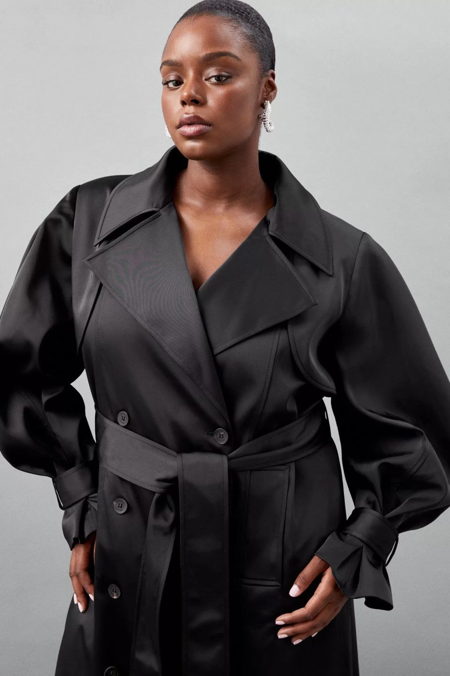 Karen Millen Plus Size Tailored Satin Maxi Belted Trench Coat
