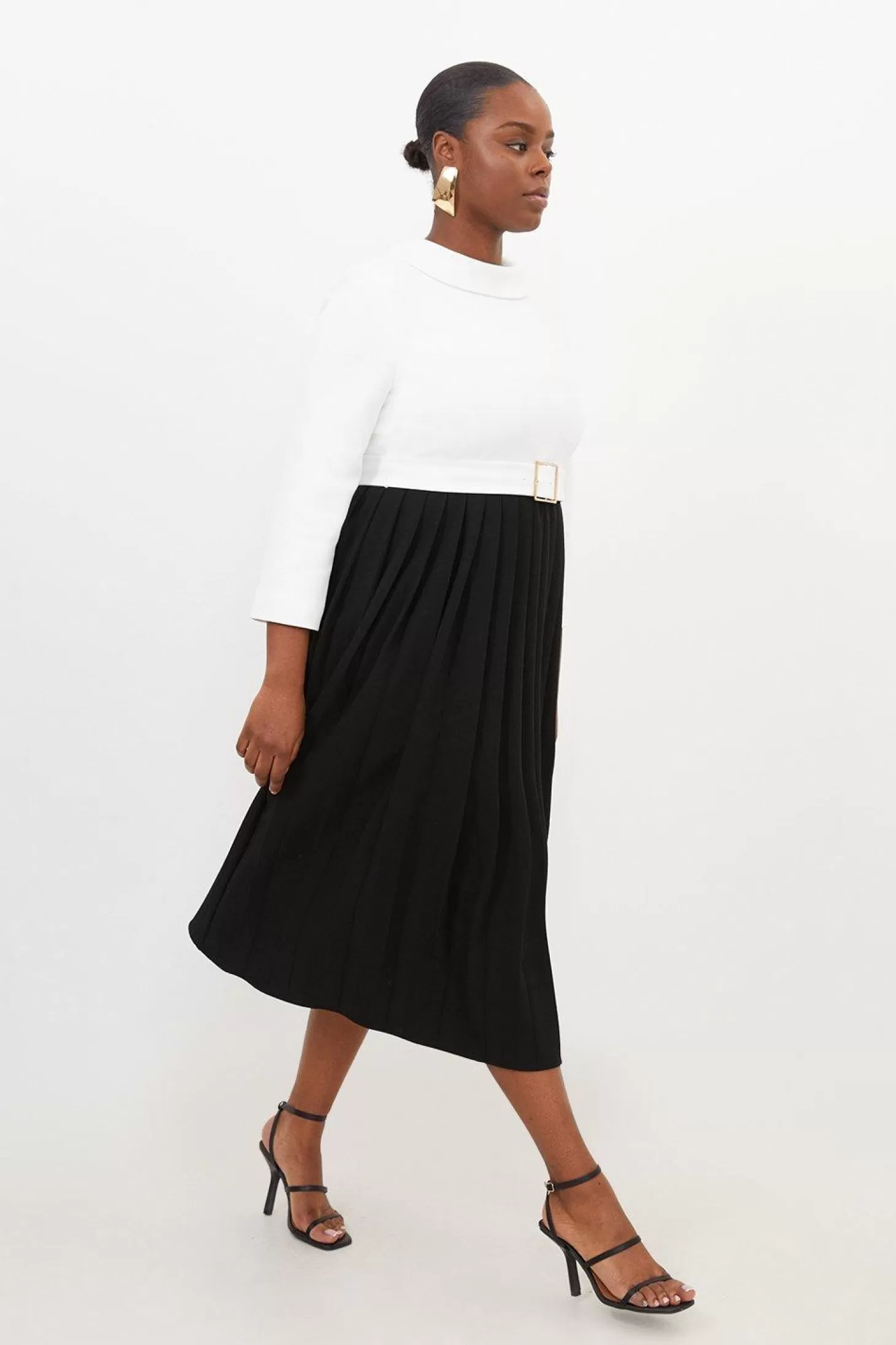 Karen Millen Plus Size Tailored Structured Crepe Turtleneck Pleated Dress