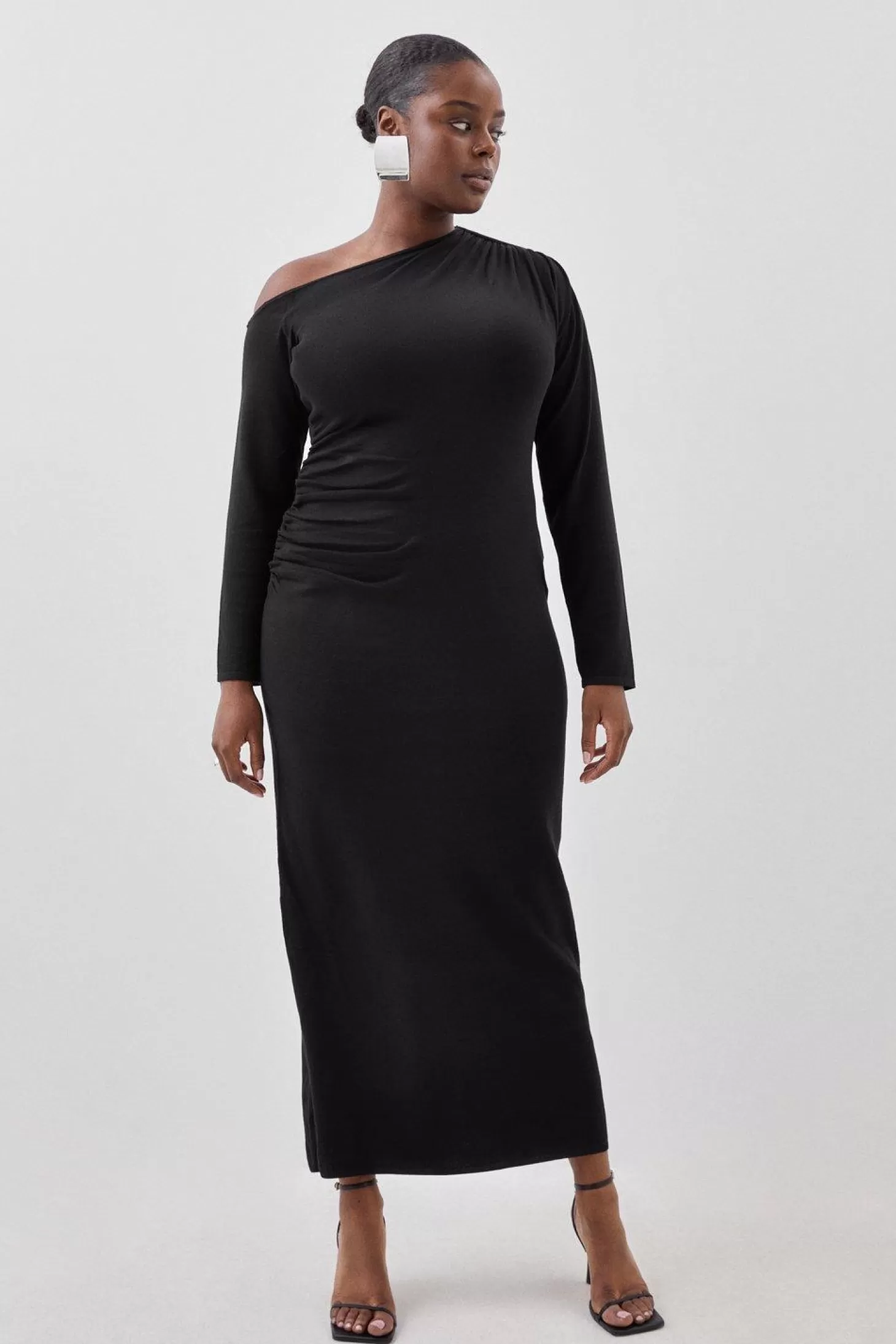 Karen Millen Plus Size Viscose Blend Asymmetric Ruched Knit Maxi Dress
