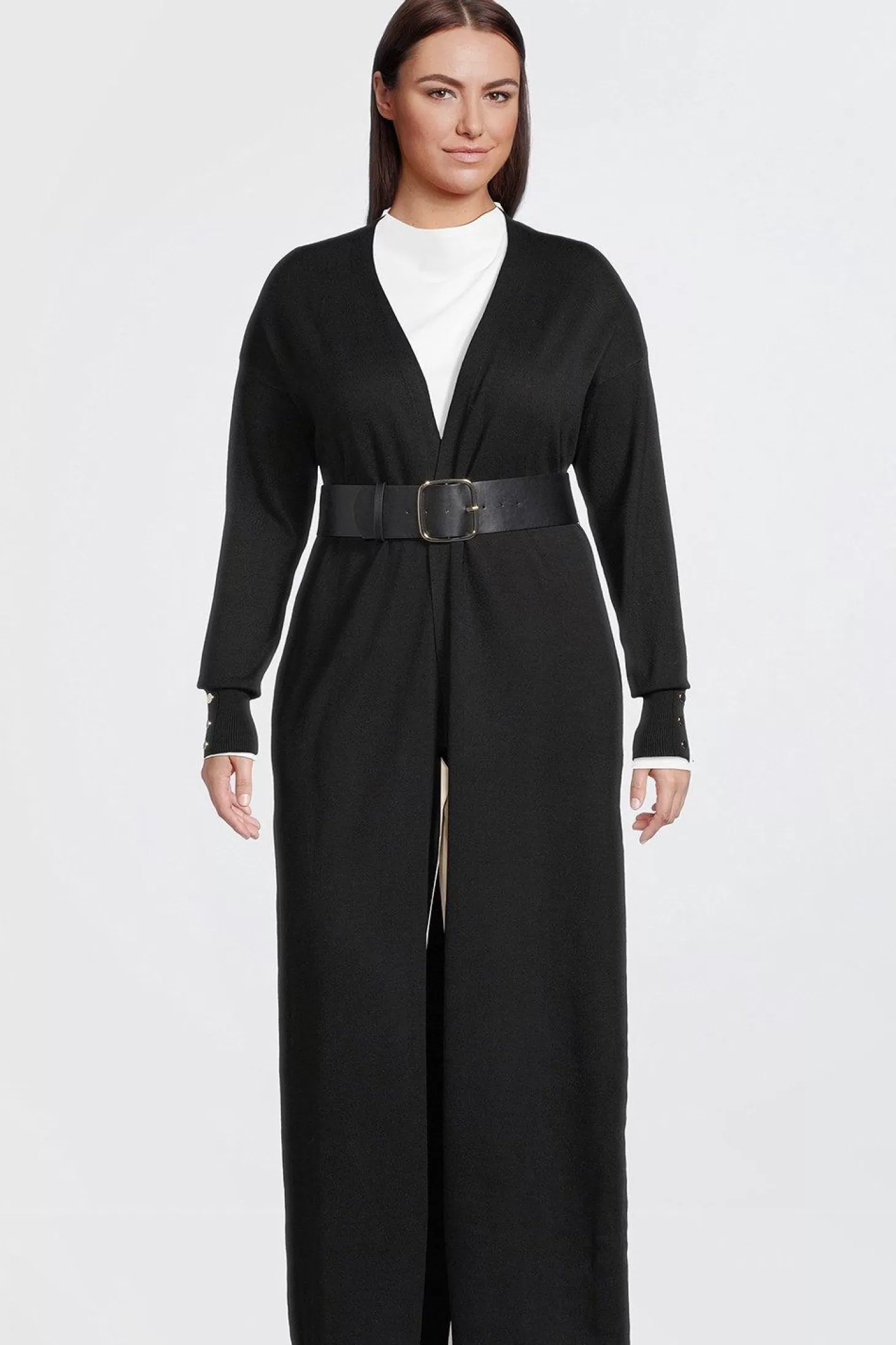 Karen Millen Plus Size Viscose Blend Knit Maxi Belted Cardigan