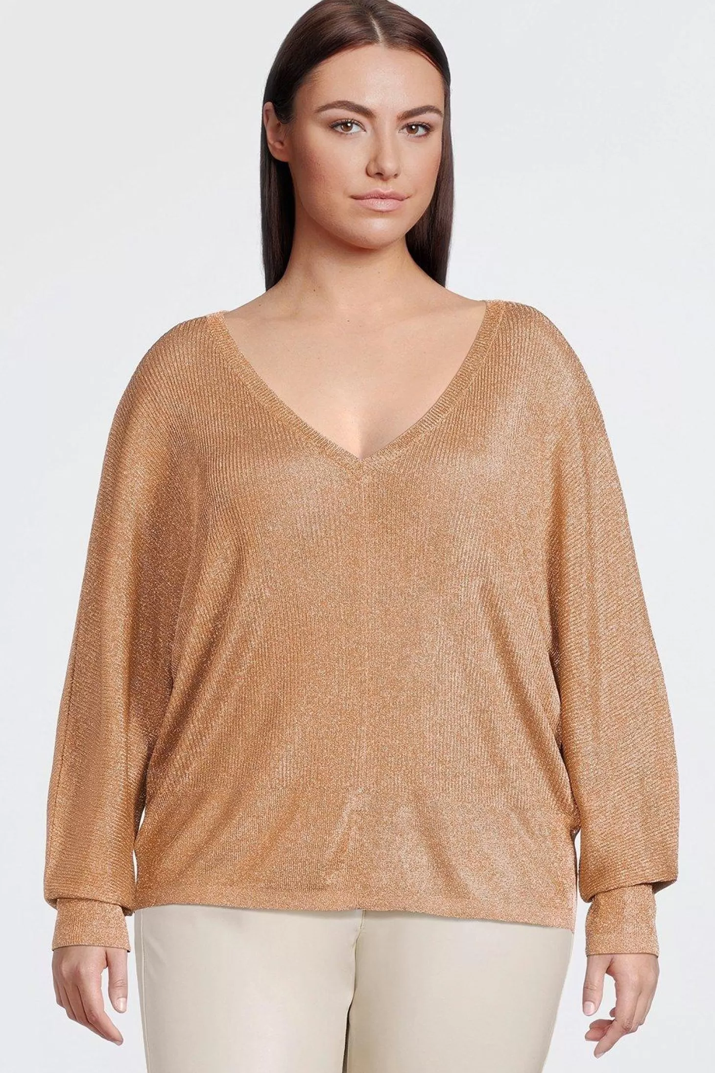 Karen Millen Plus Size Viscose Blend Metallic Sparkle Knit V Neck Top