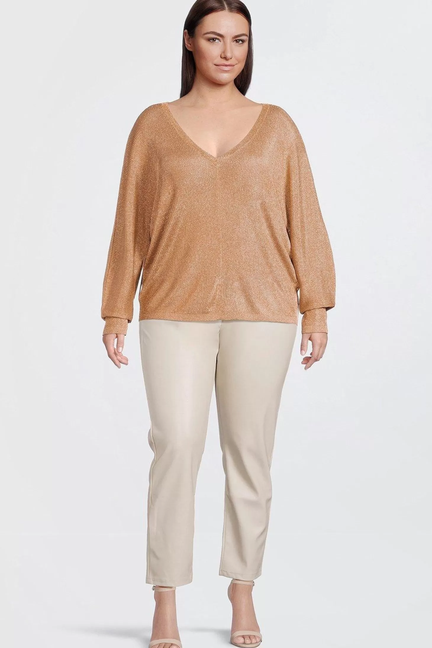 Karen Millen Plus Size Viscose Blend Metallic Sparkle Knit V Neck Top