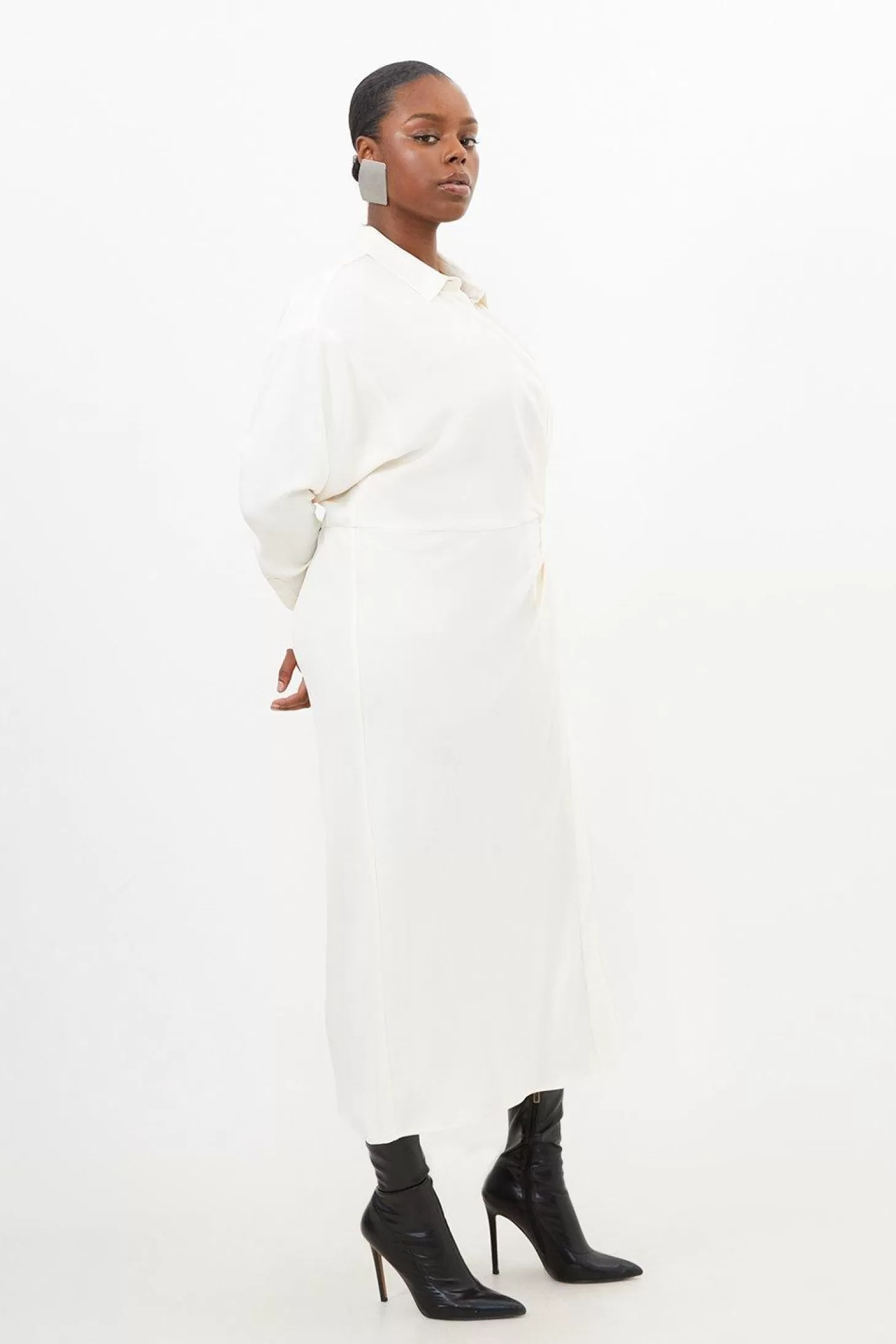 Karen Millen Plus Size Viscose Crepe Long Sleeve Woven Midi Shirt Dress