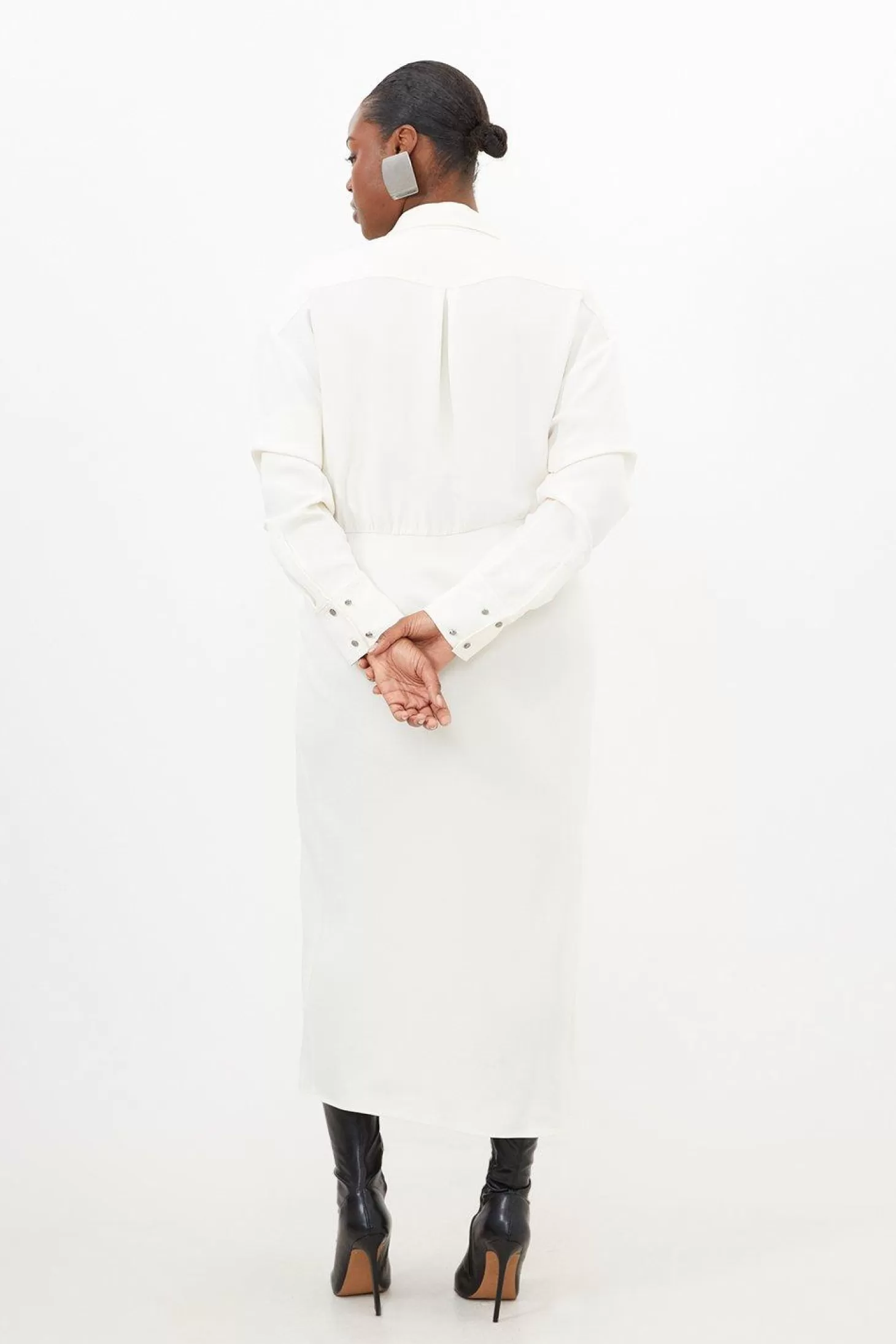 Karen Millen Plus Size Viscose Crepe Long Sleeve Woven Midi Shirt Dress