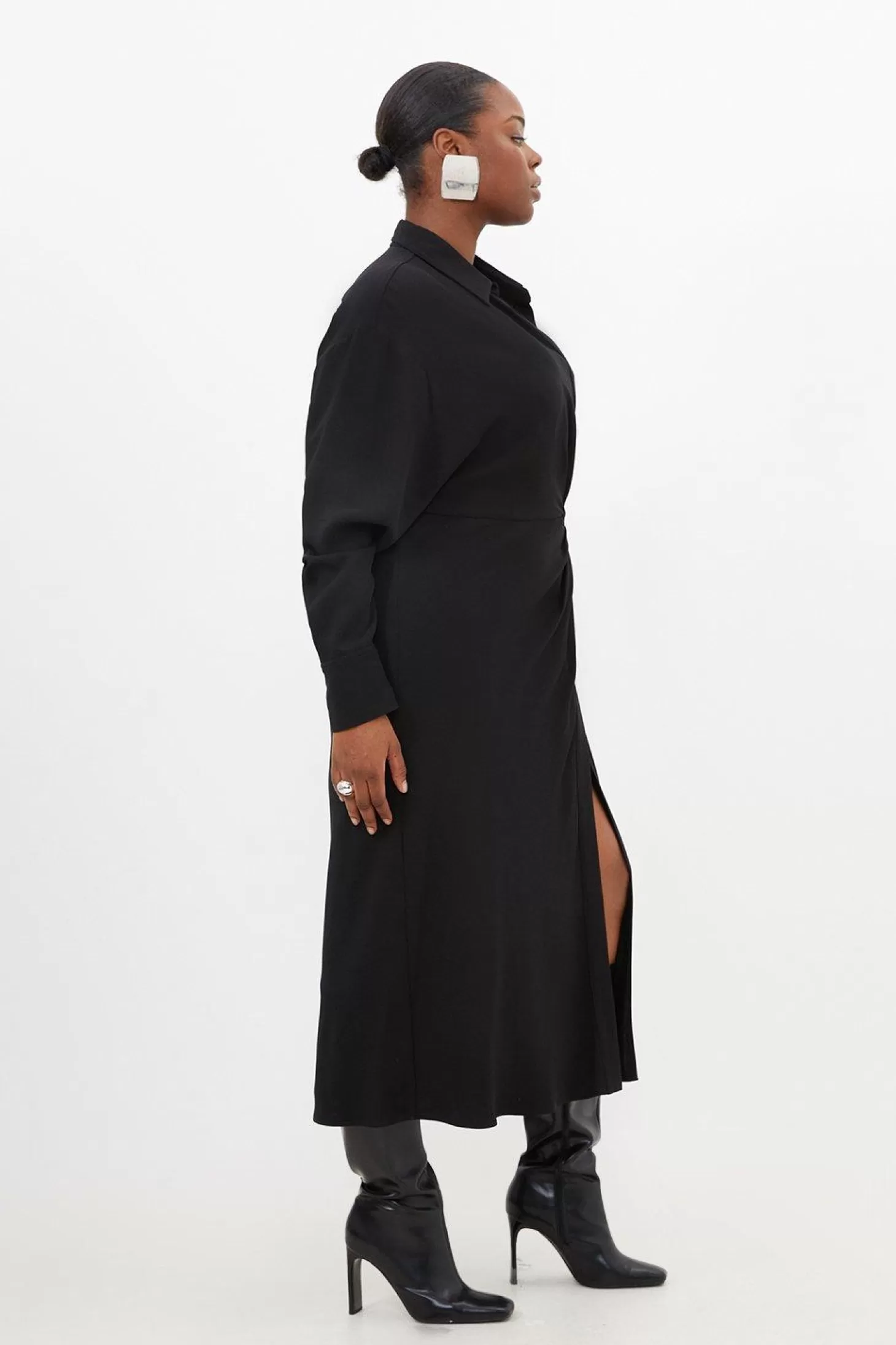 Karen Millen Plus Size Viscose Crepe Long Sleeve Woven Midi Shirt Dress