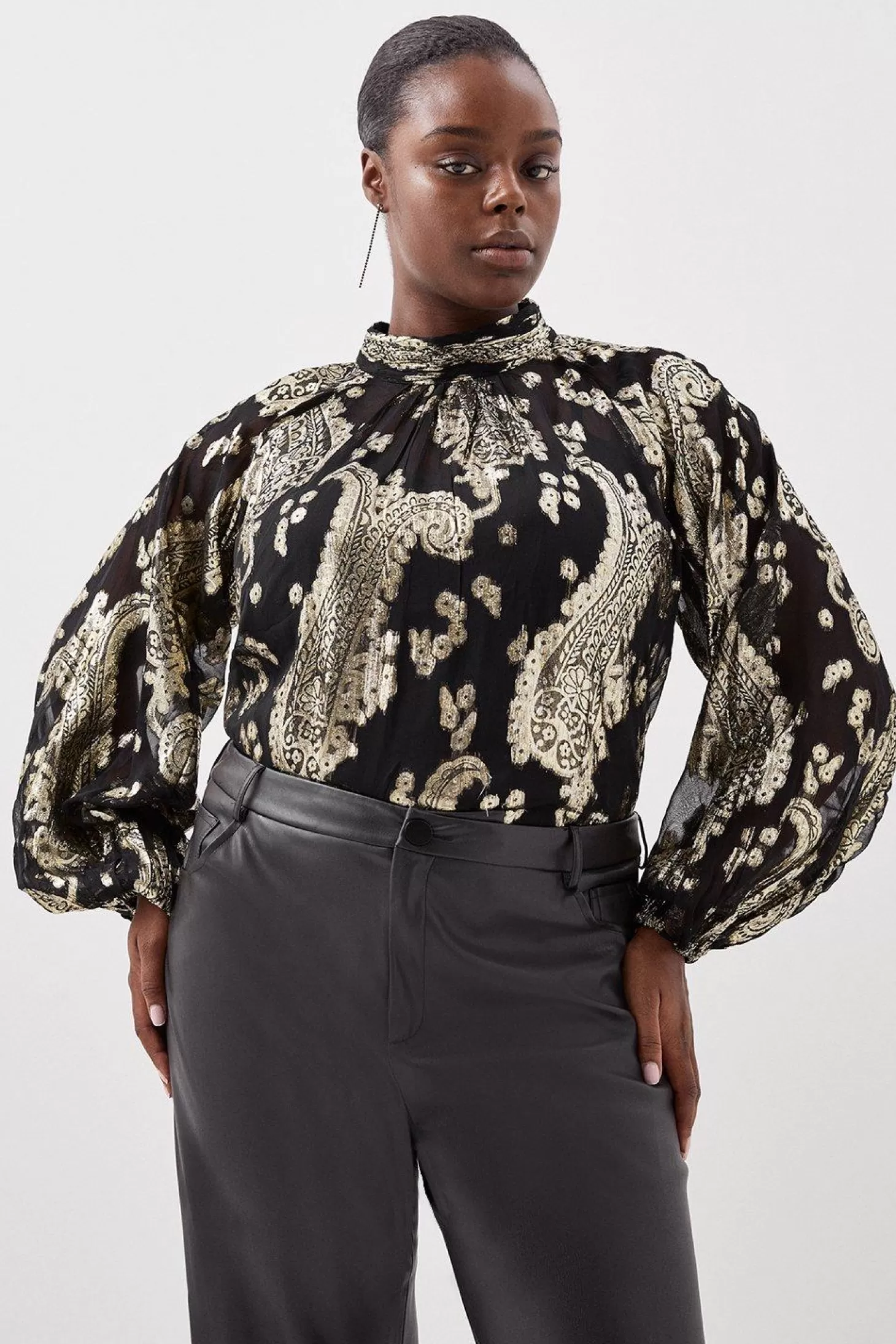 Karen Millen Plus Size Viscose High Neck Metallic Thread Woven Top