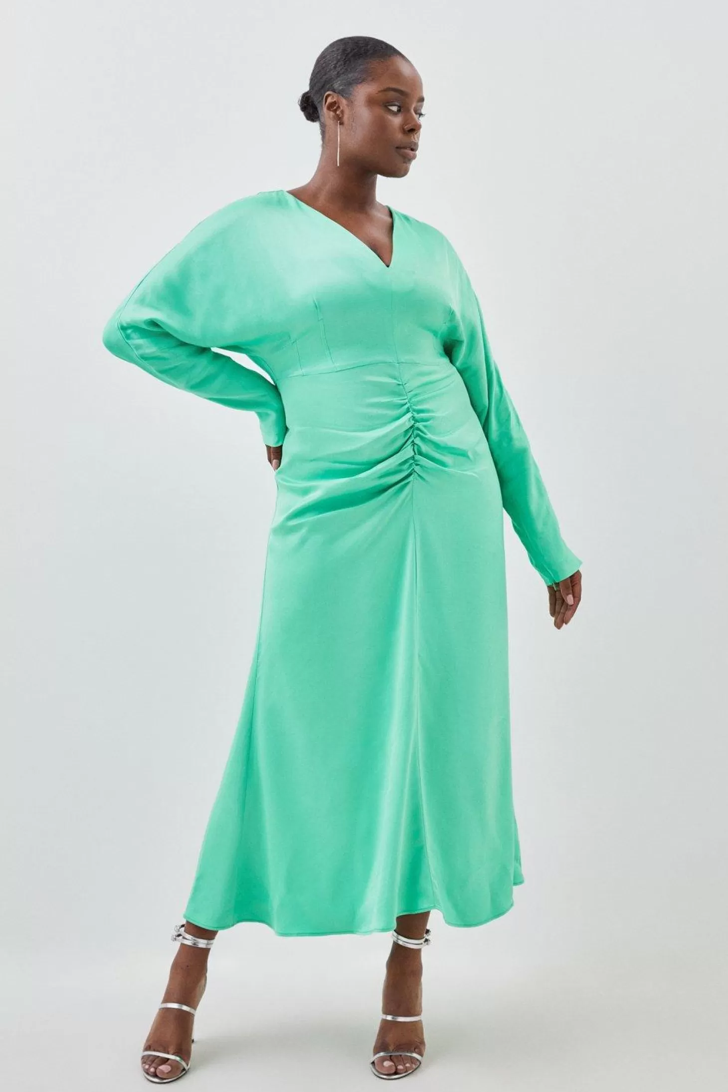 Karen Millen Plus Size Viscose Satin Batwing Long Sleeve Midi Dress