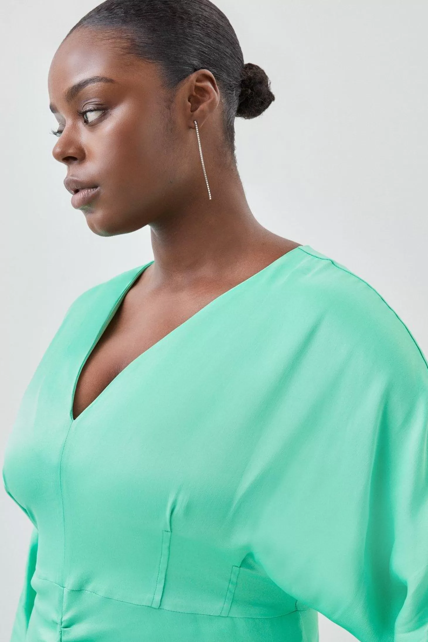 Karen Millen Plus Size Viscose Satin Batwing Long Sleeve Midi Dress