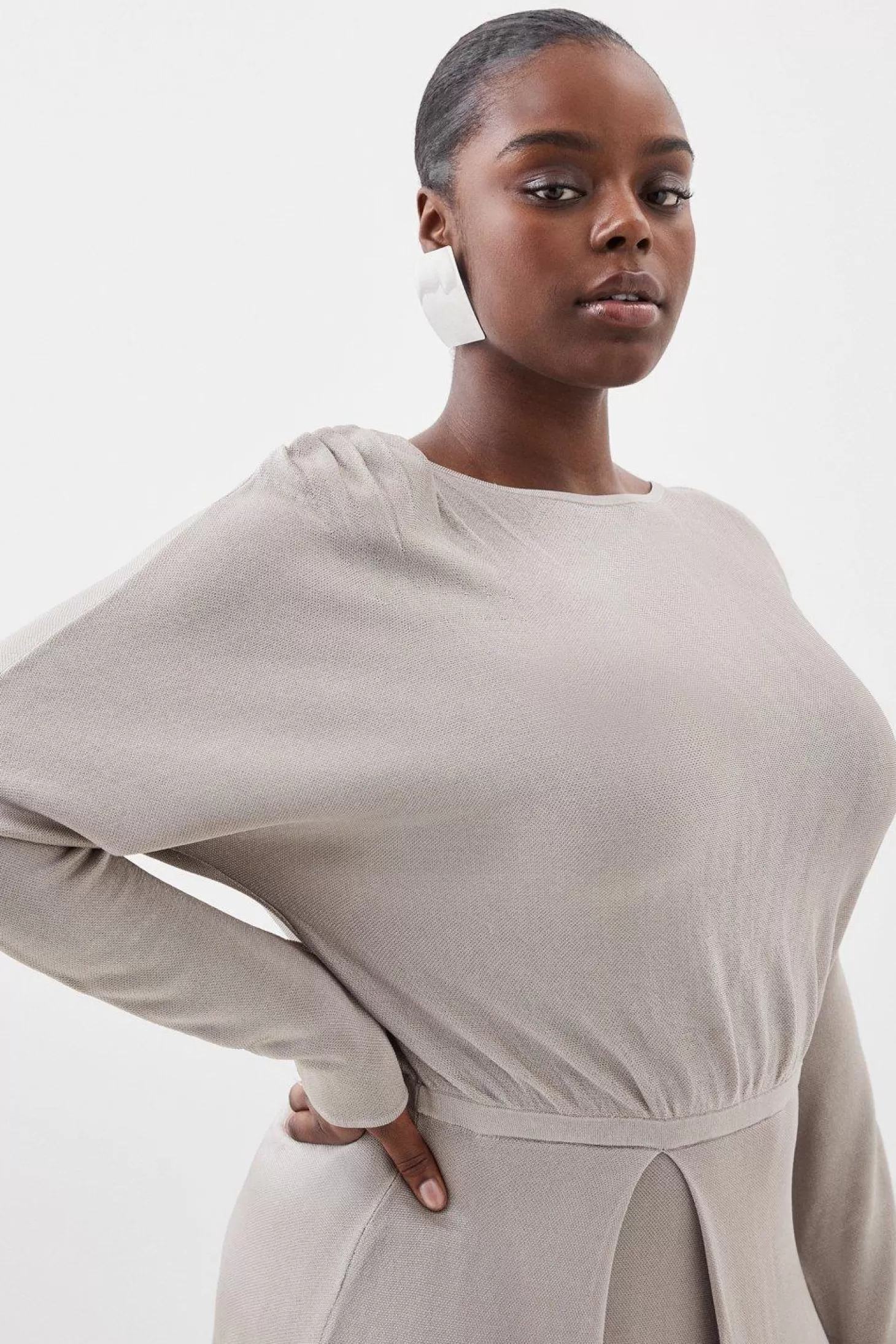 Karen Millen Plus Size Viscose Slinky Knit Round Sleeve Midaxi Dress