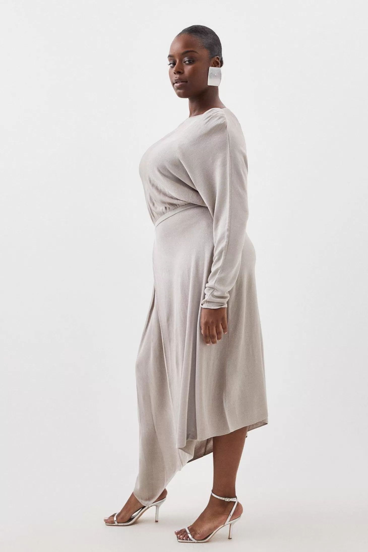 Karen Millen Plus Size Viscose Slinky Knit Round Sleeve Midaxi Dress