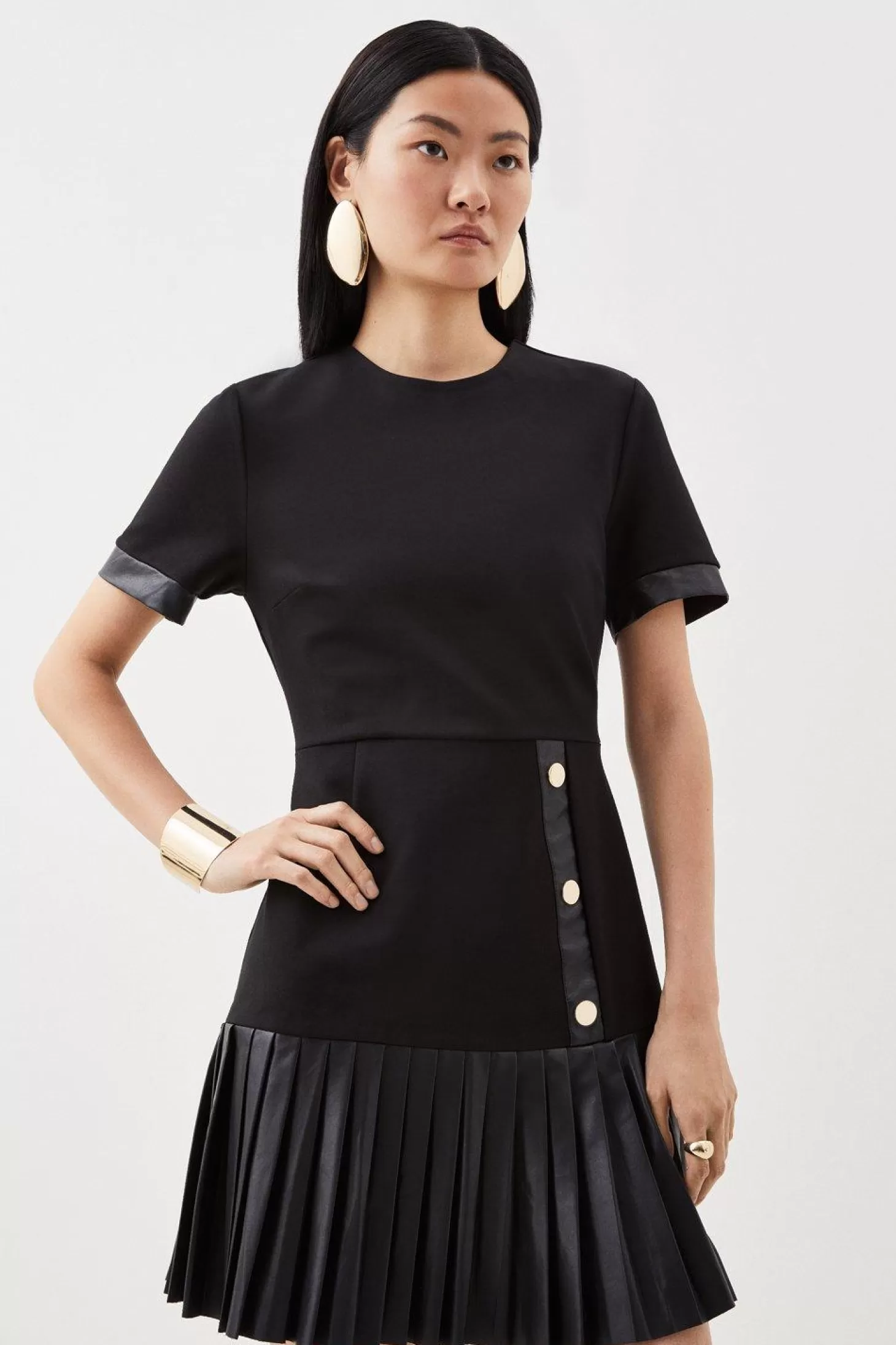 Karen Millen Ponte Pleated Hem Short Sleeve Keyhole Mini Dress