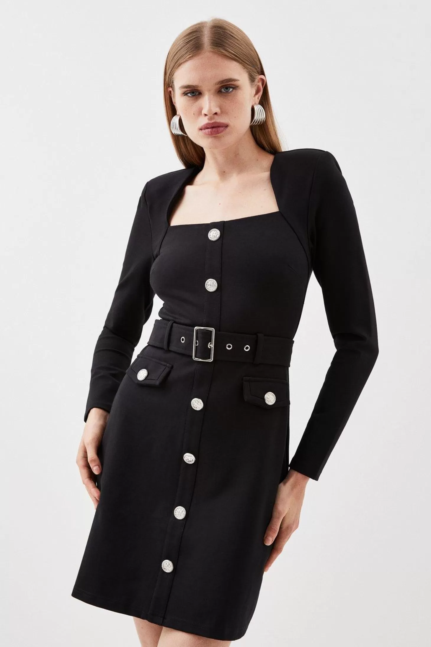 Karen Millen Ponte Square Neck Belted Long Sleeve Mini Dress