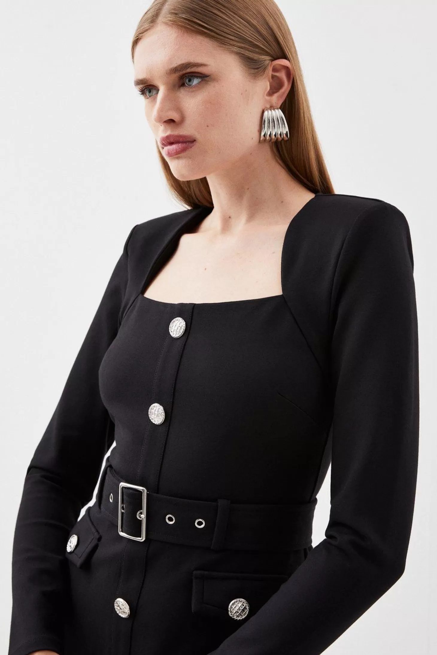 Karen Millen Ponte Square Neck Belted Long Sleeve Mini Dress