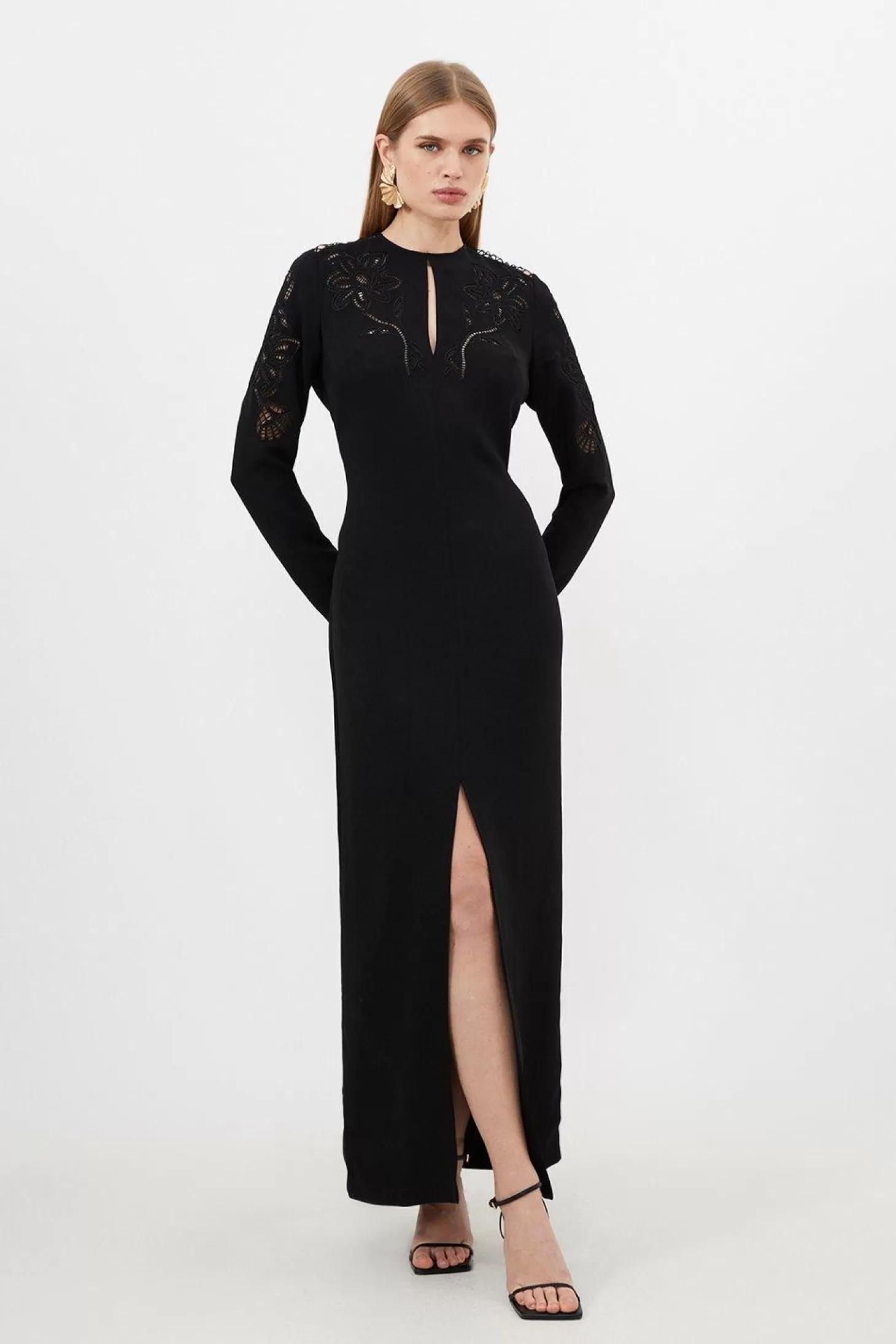 Karen Millen Premium Cady Cutwork Long Sleeve Woven Maxi Dress