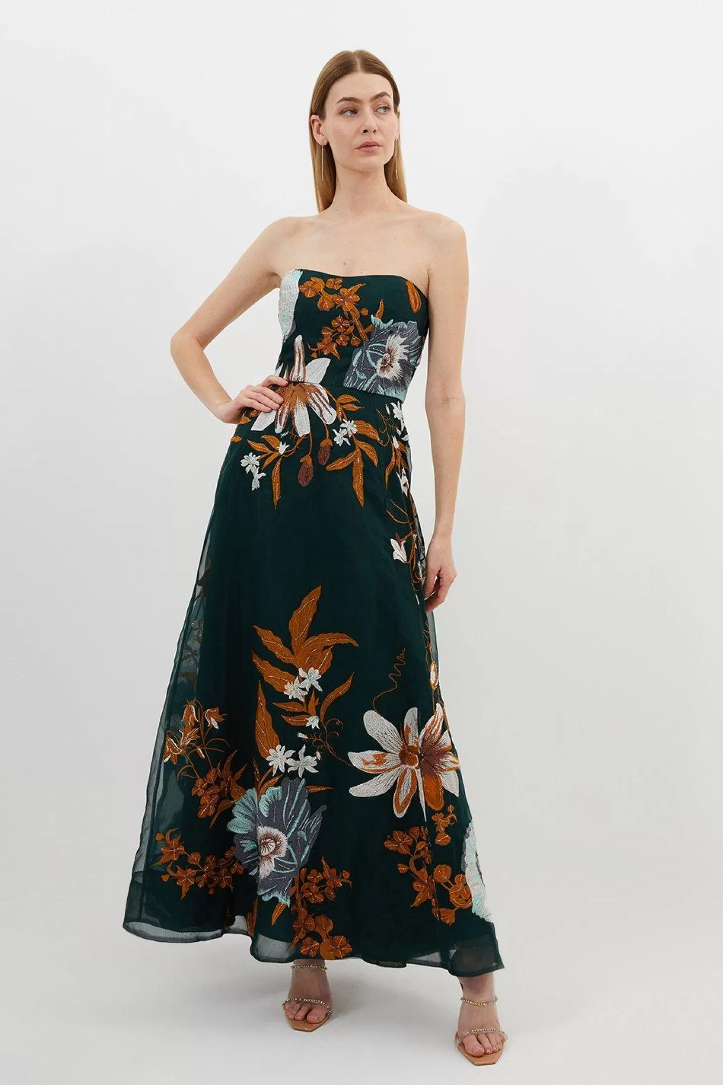 Karen Millen Premium Embroidered Bandeau Beaded Organdie Woven Maxi Dress