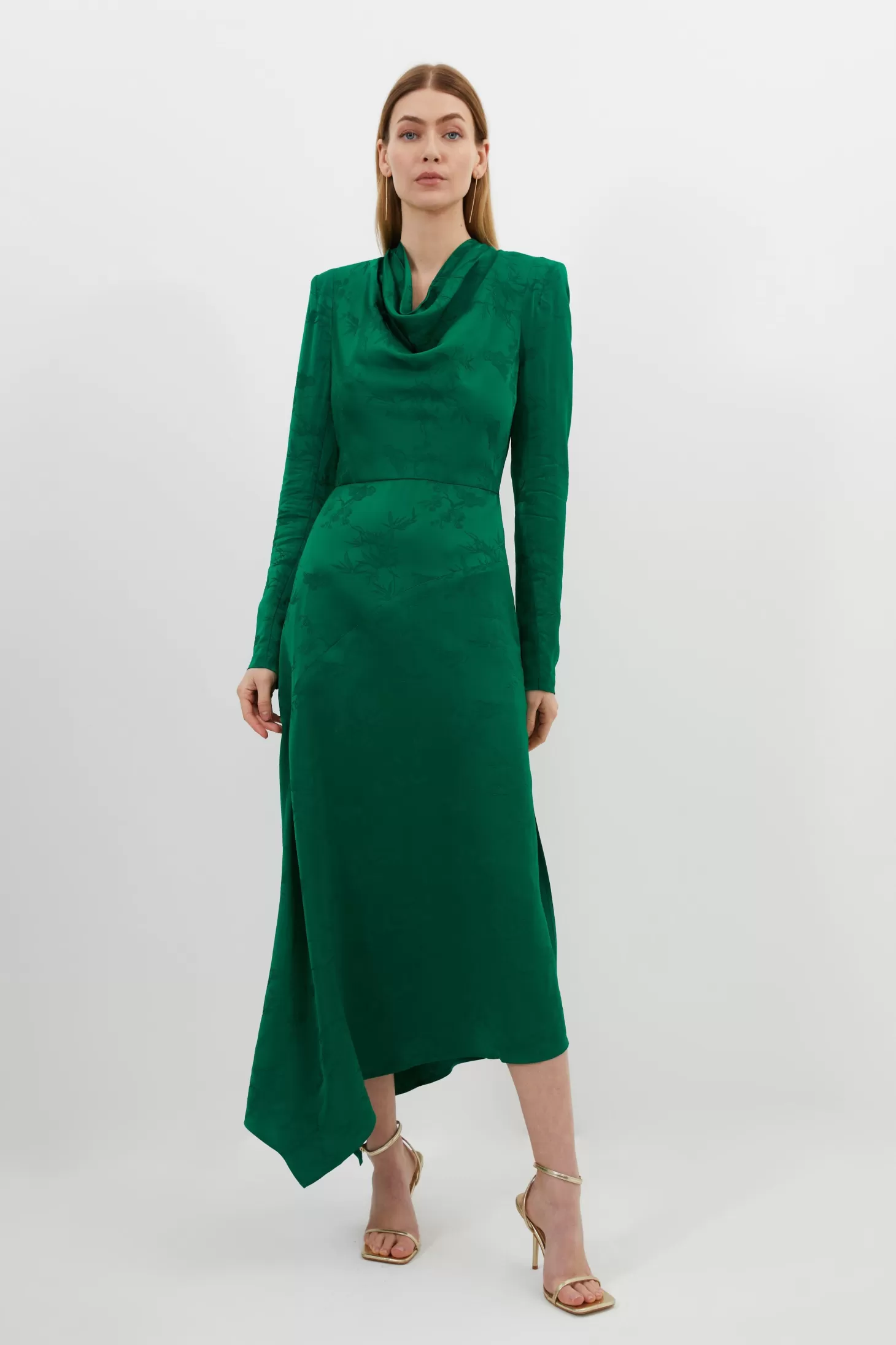 Karen Millen Premium Jacquard Cowl Long Sleeve Woven Midi Dress