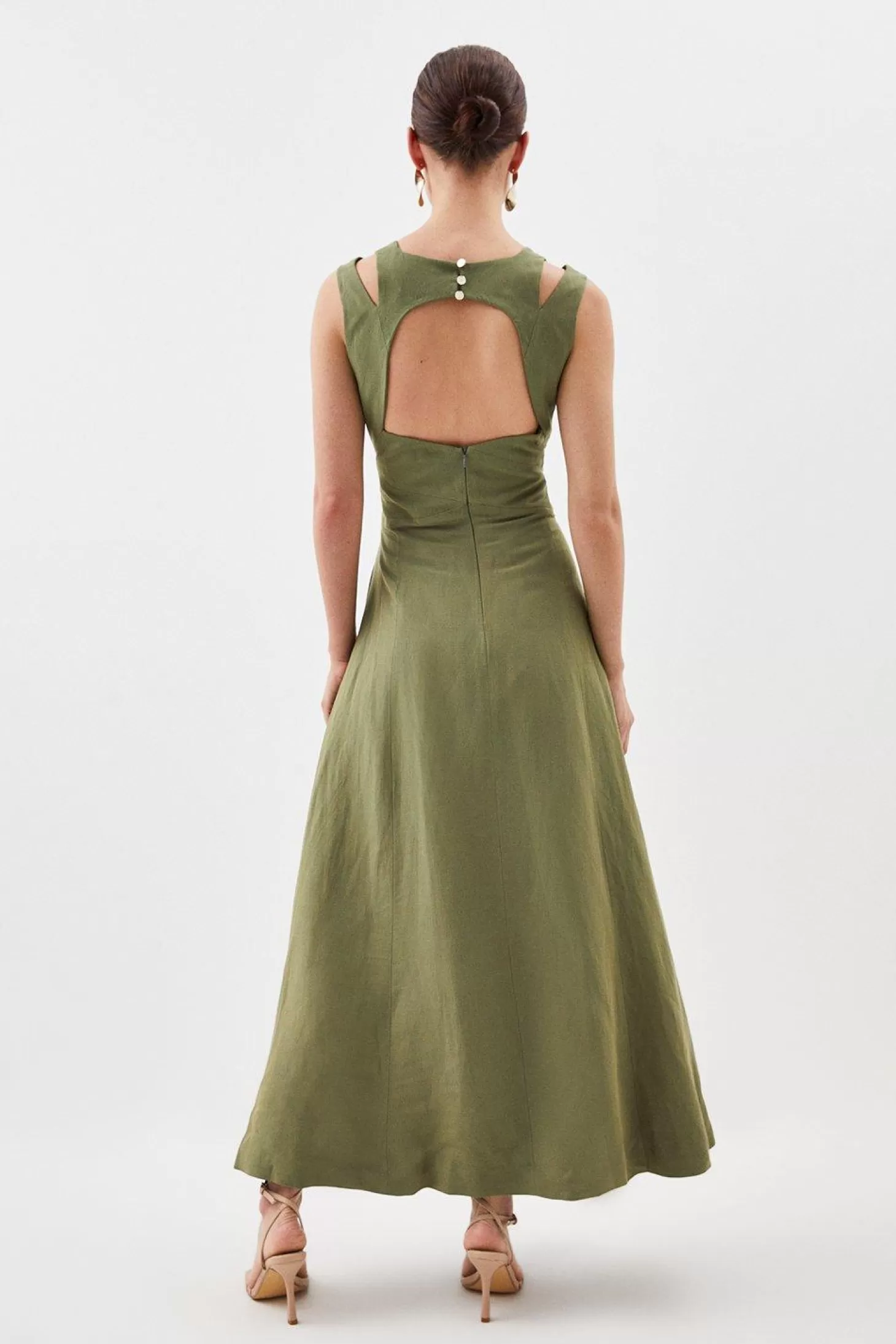 Karen Millen Premium Linen Petite Open Back V Neck Woven Midi Dress