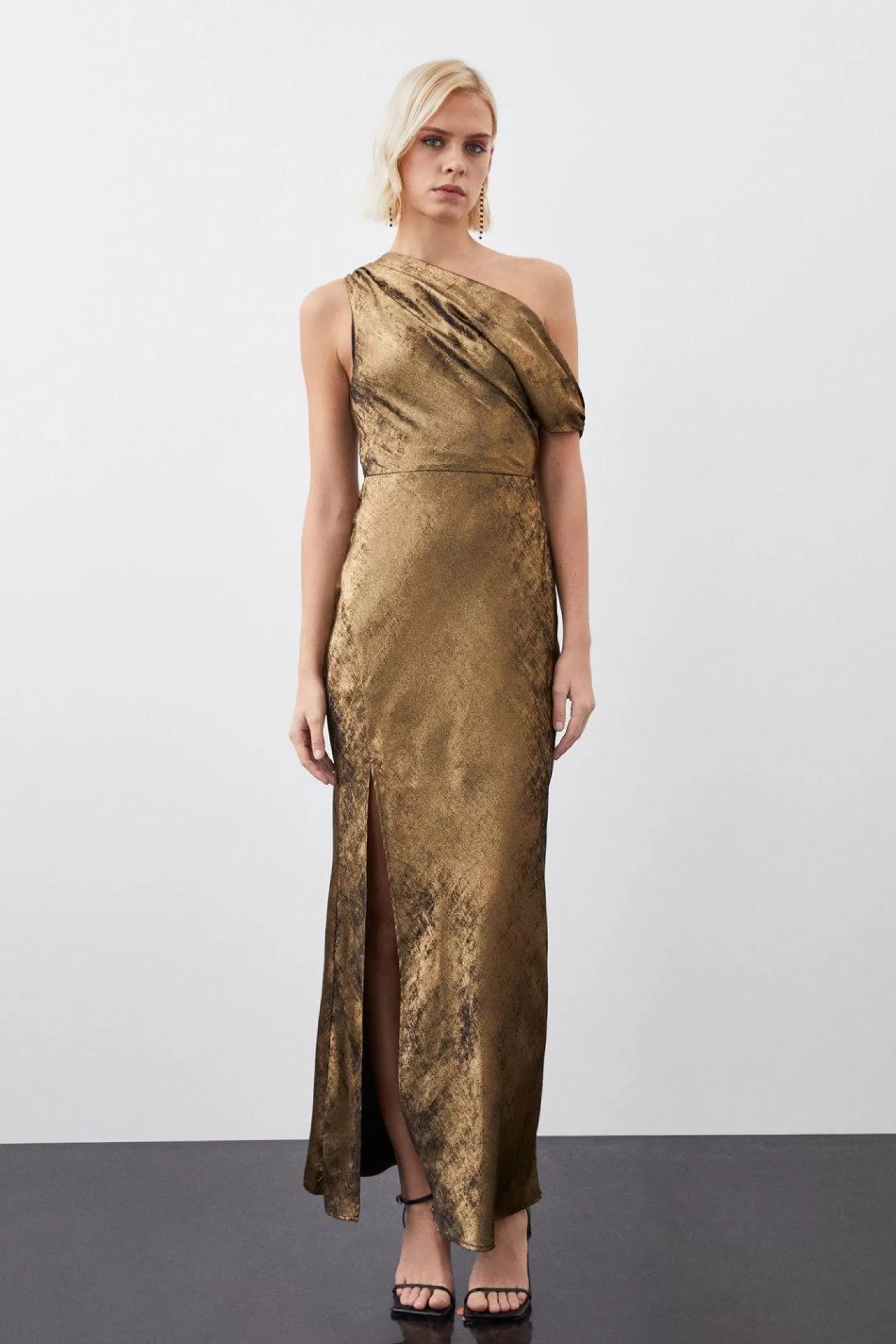 Karen Millen Premium Metallic Ruched One Shoulder Woven Maxi Dress