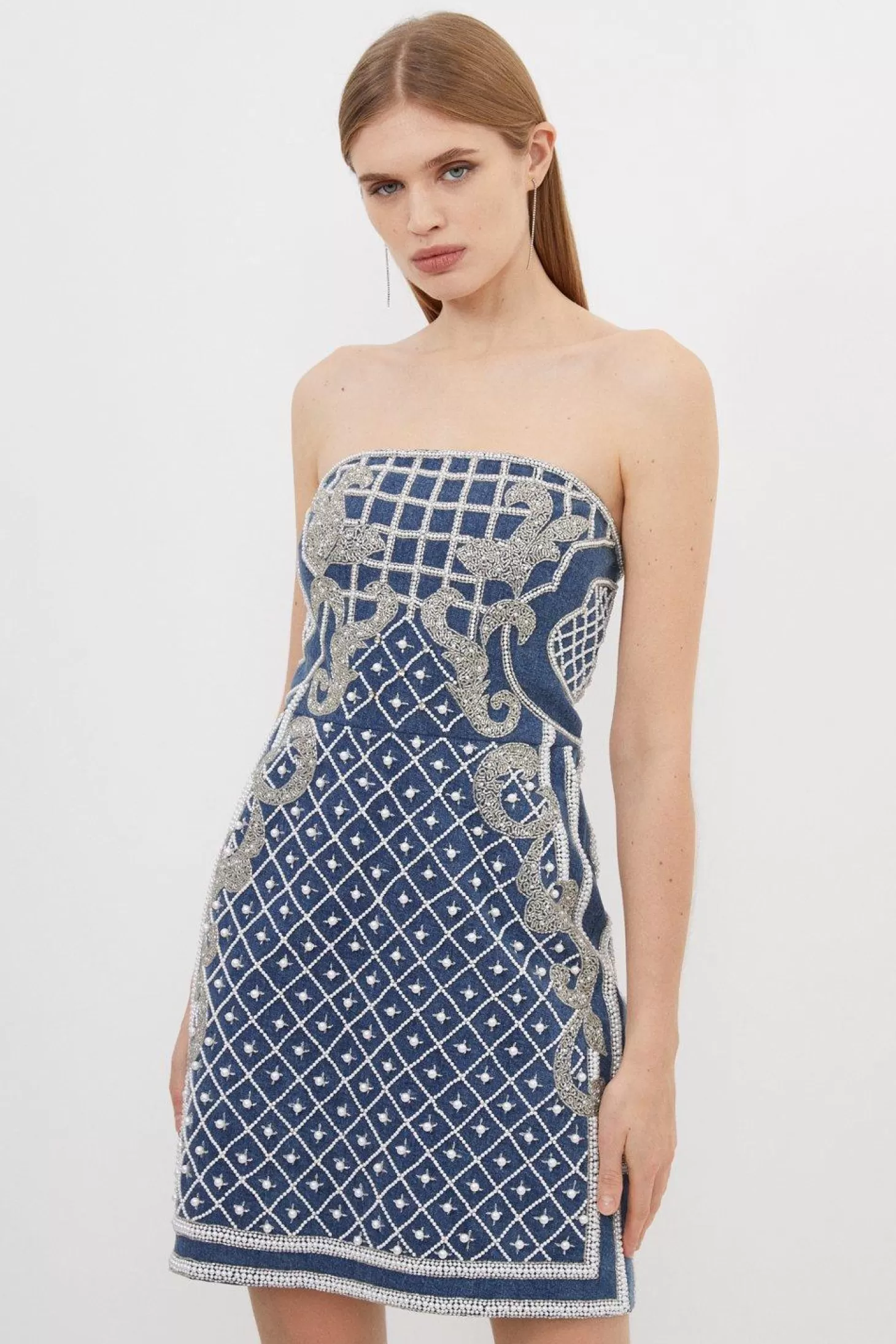 Karen Millen Premium Pearl Embellished Woven Bandeau Mini Dress