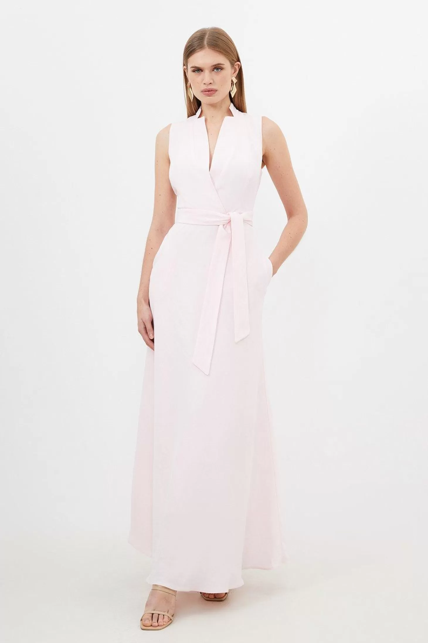 Karen Millen Premium Tailored Linen Notch Neck Belted Midaxi Dress